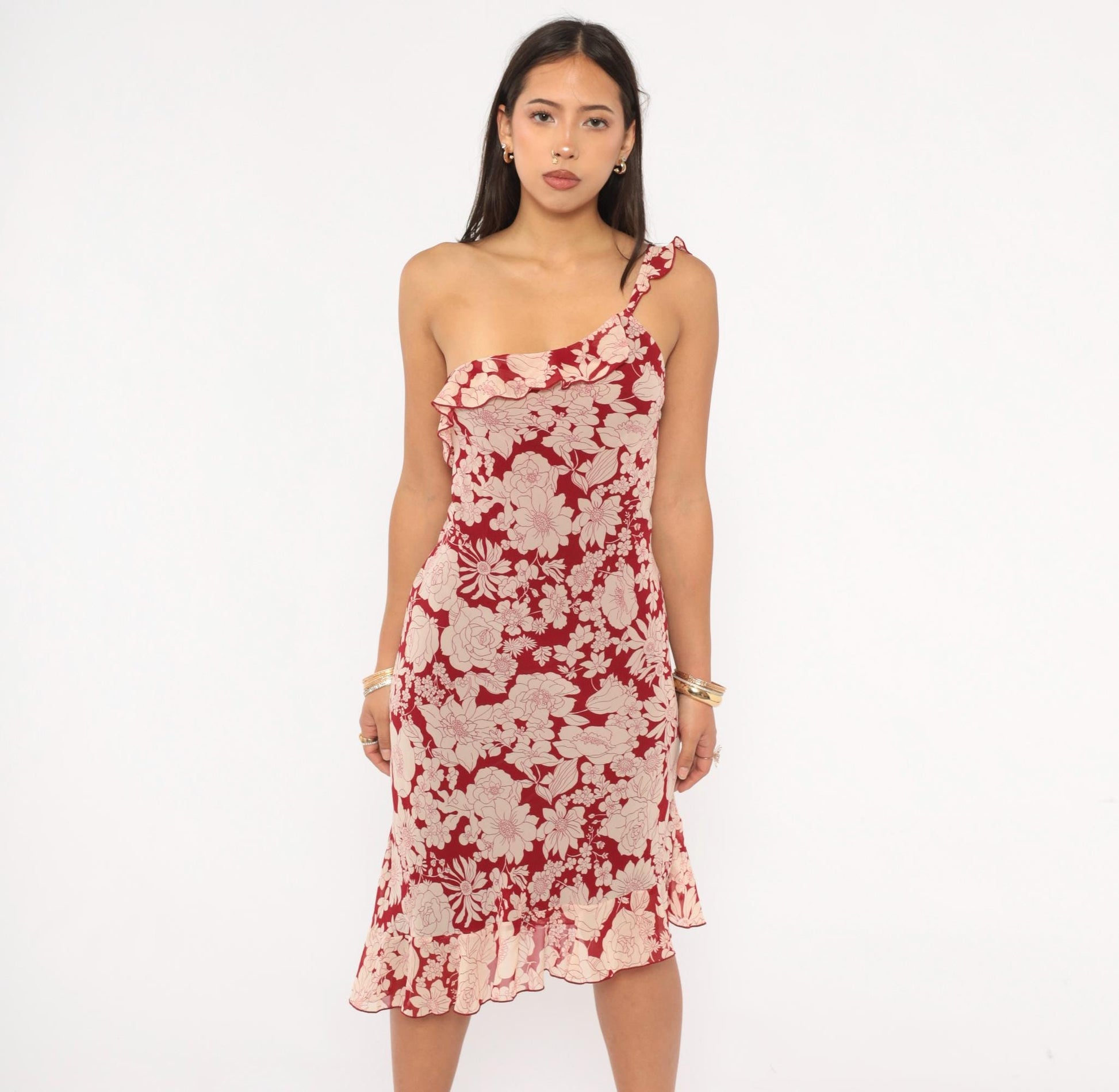 Y2K Debut USA Floral One-Shoulder Dress Red Cream Knee-Length Large L