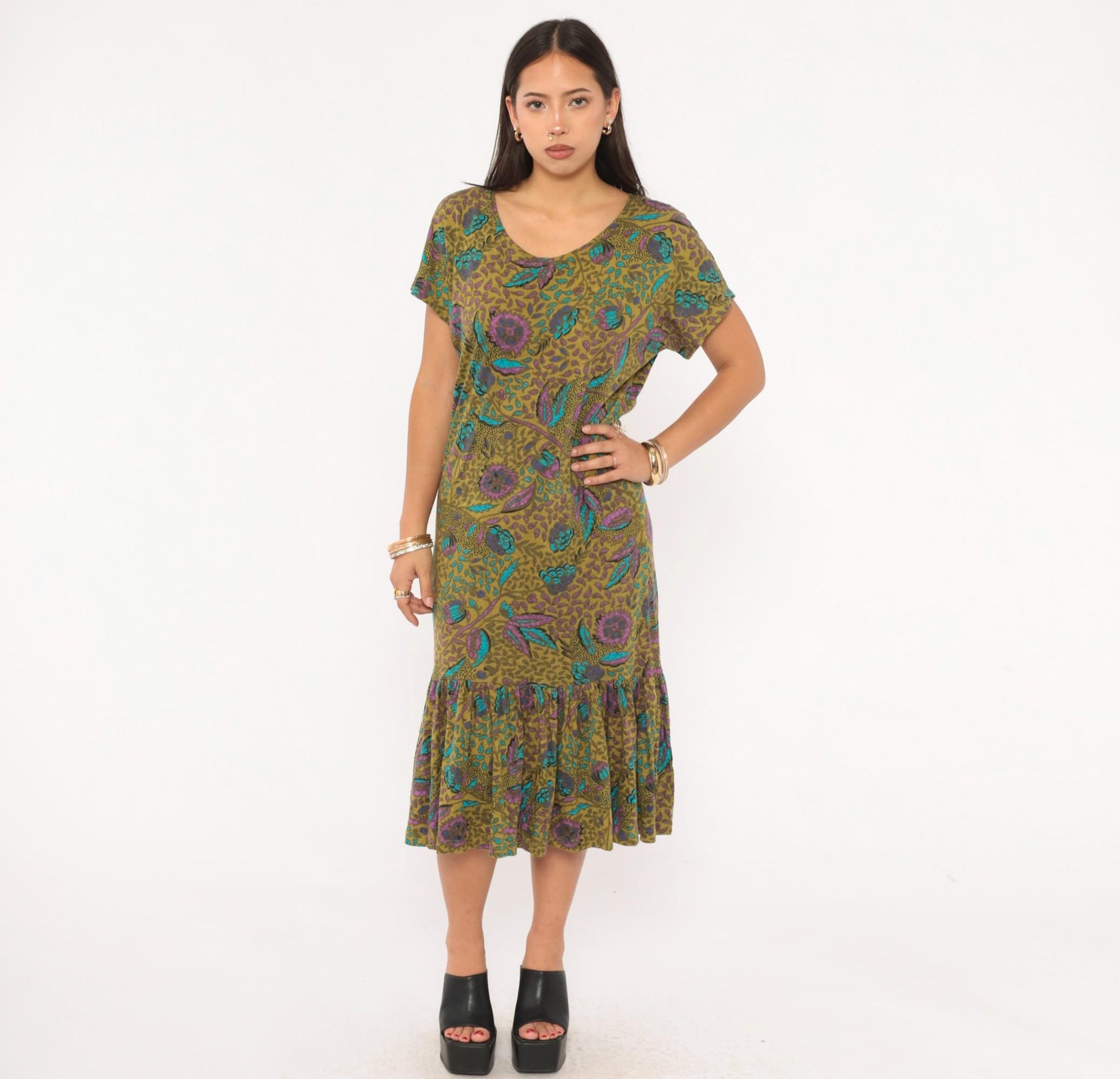 2000s Nina Hazan Olive Floral Midi Dress V-Neck Ruffle Hem Small