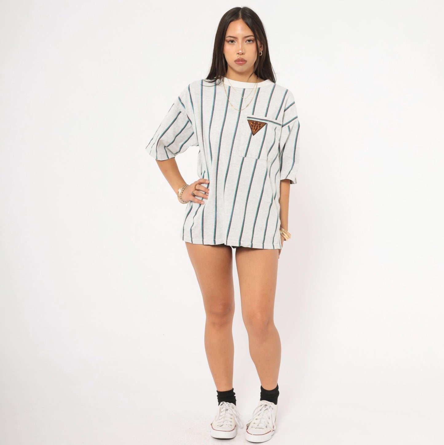 90s Striped Polo Shirt Grey Teal Burgundy Vertical Stripe Cotton Large L