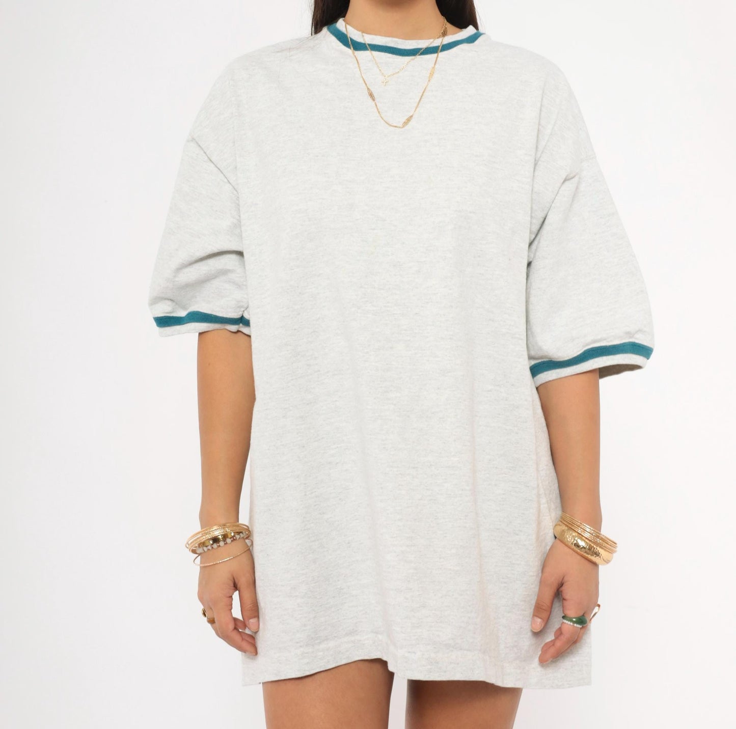 90s Signal Ringer Tee Teal Trim Embroidered Back Grey Cotton XXL