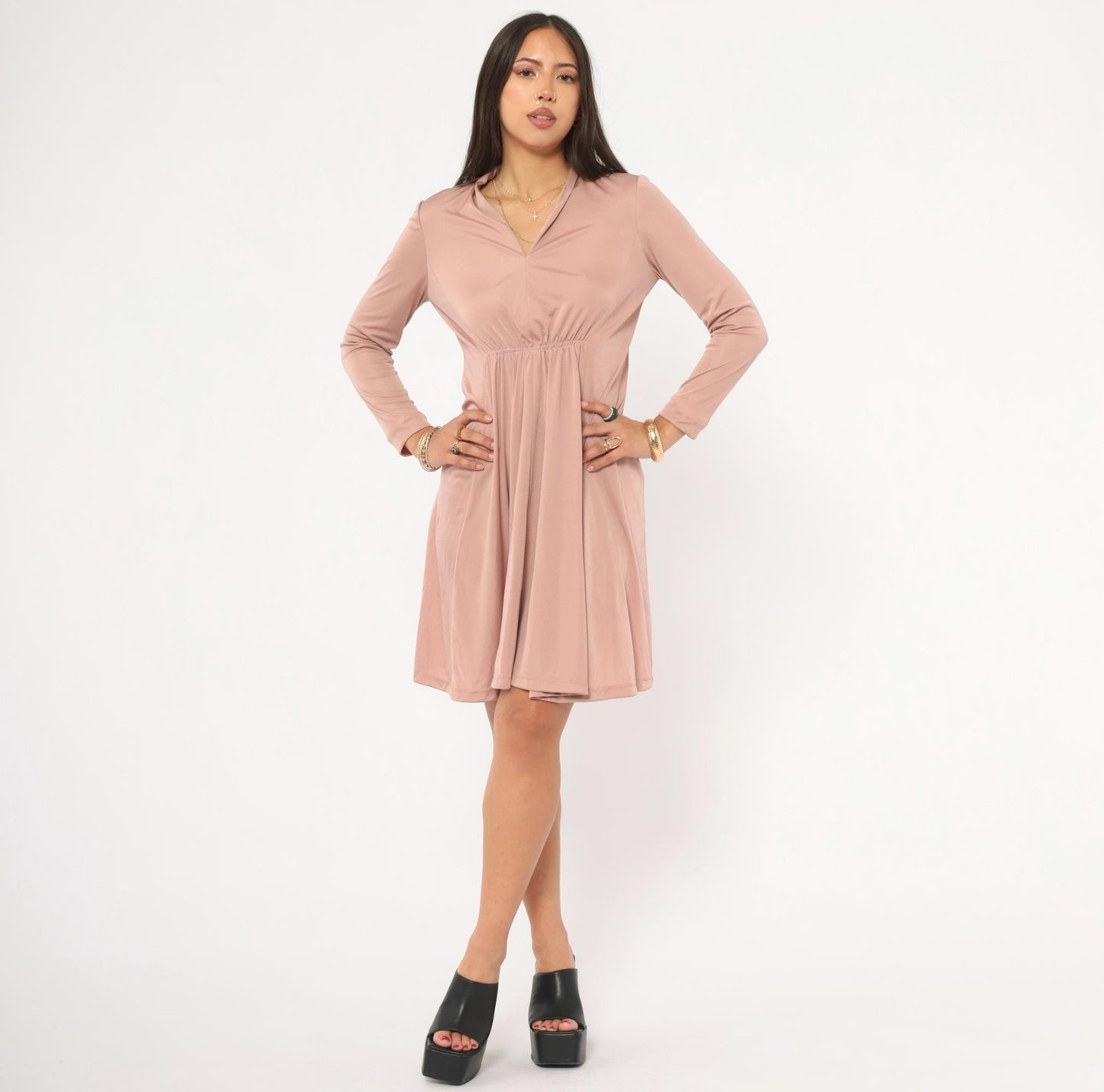 70s Mauve Mini Dress Long Sleeve V-Neck Gathered Waist A-Line Small S