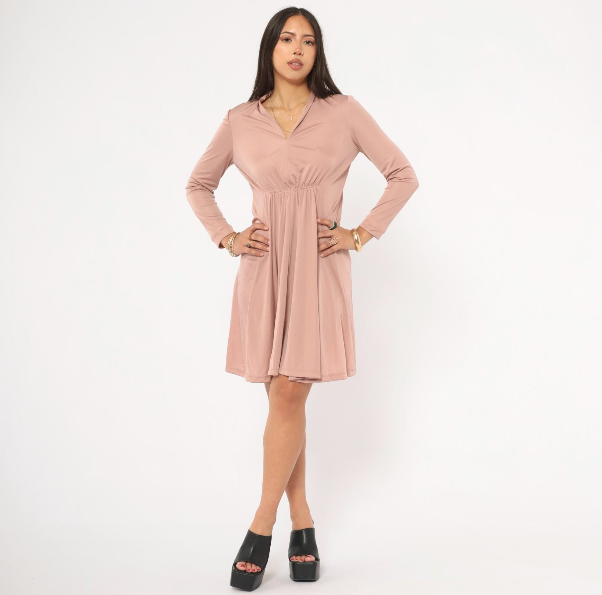 70s Mauve Mini Dress Long Sleeve V-Neck Gathered Waist A-Line Small S