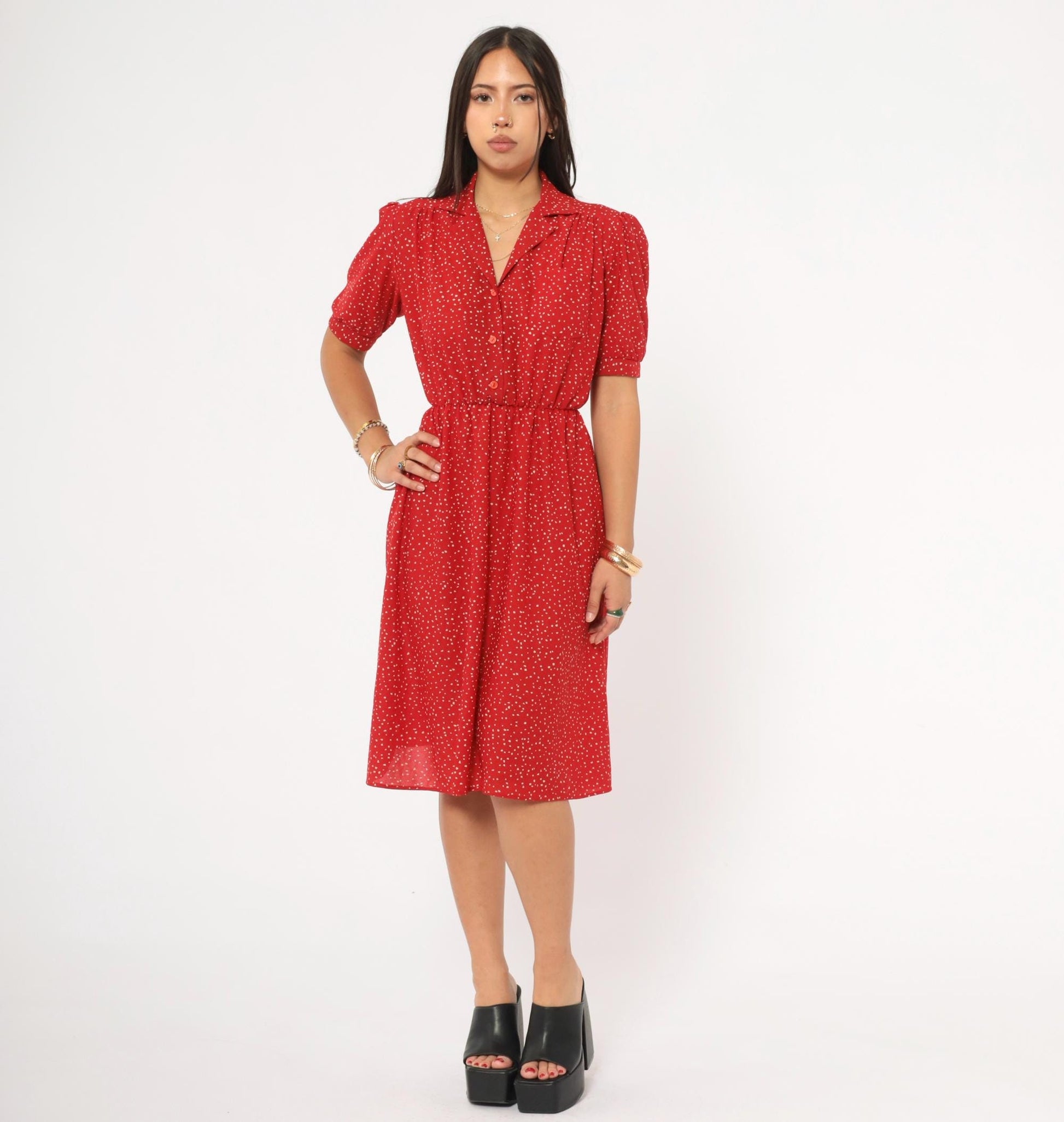 80s Red Speckled Dot Shirtdress White Print Puff Sleeve Knee Length Small