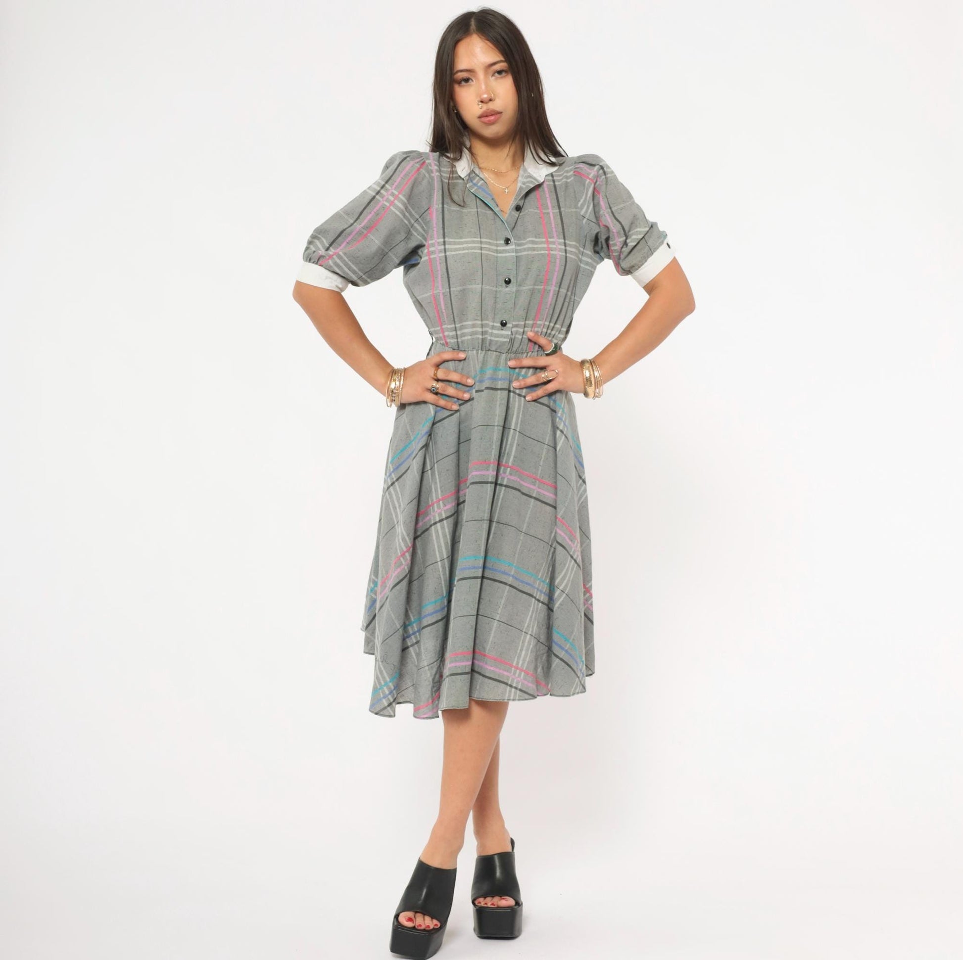 80s Grey Plaid Shirtdress Puff Sleeve White Collar A-Line Small