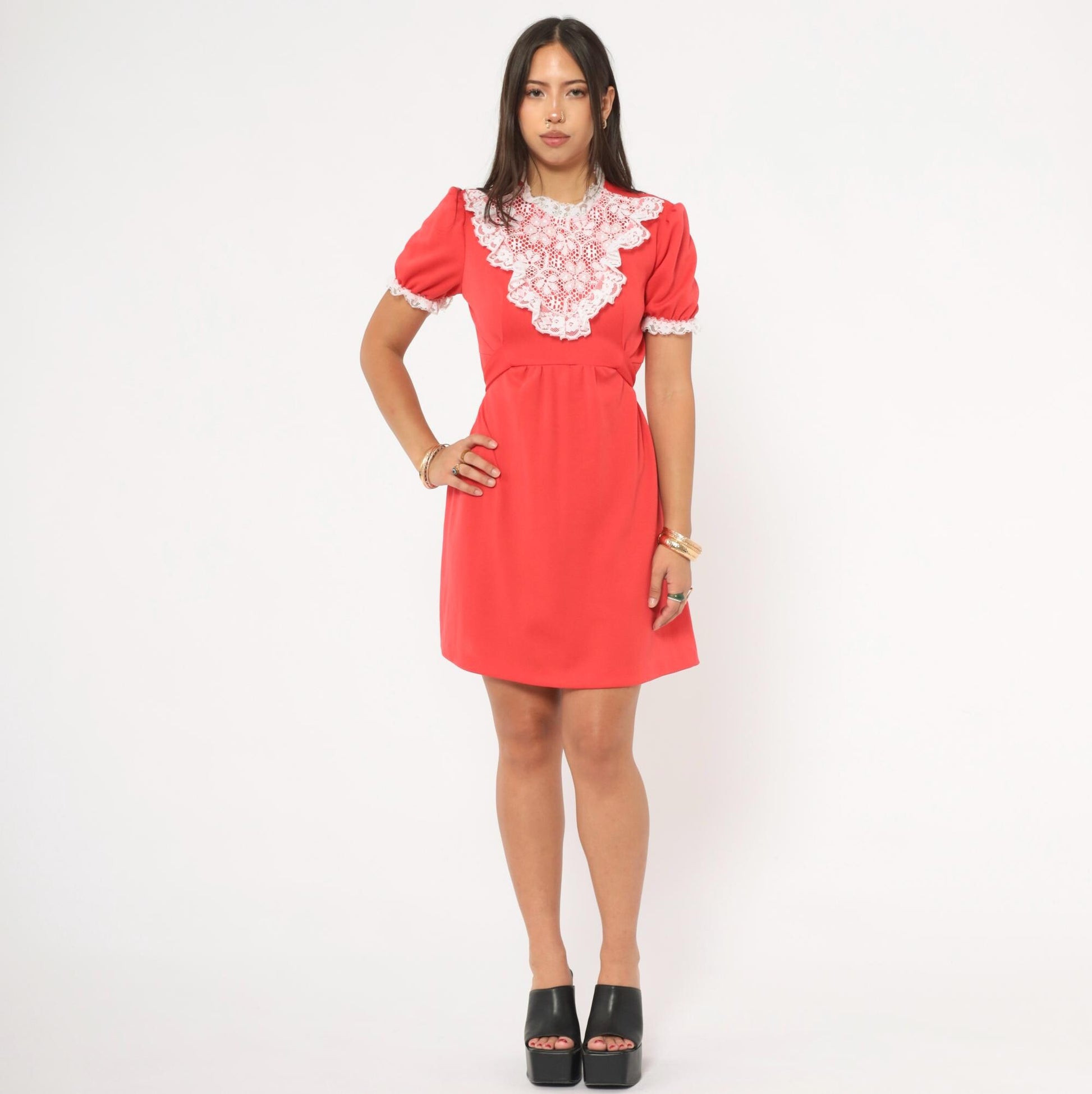 70s Red Mini Dress White Lace Bib Puff Sleeve A-Line Small S