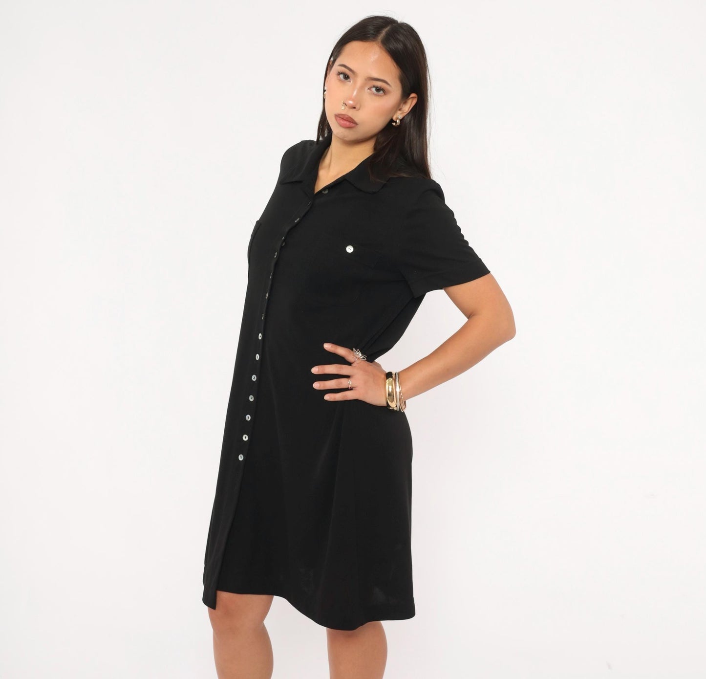 90s Jessica Howard Black Shirt Dress Button Front Collar Knee-Length Medium M