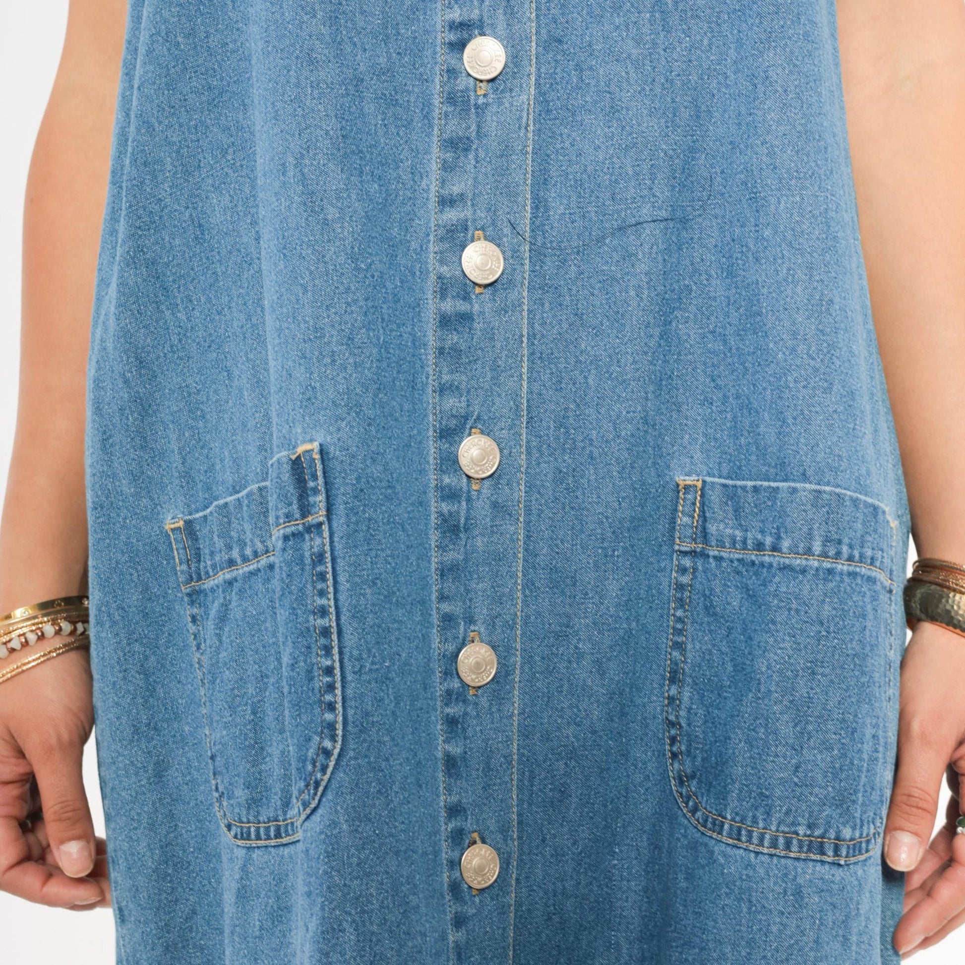 90s Cherokee Denim Jumper Dress Button Front Mini Blue Chambray Large L