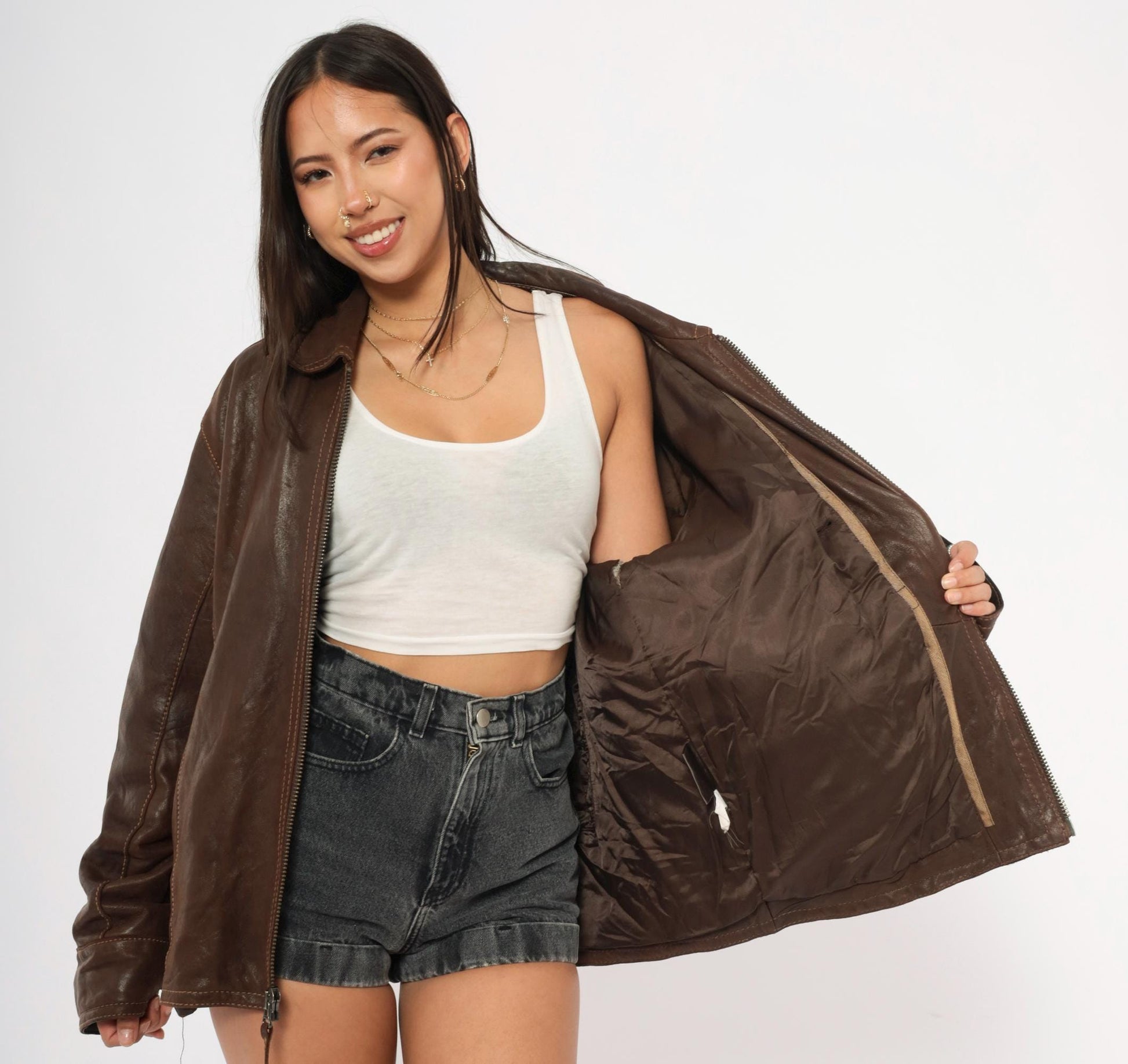 Y2K Wilsons Brown Leather Moto Jacket Paneled Spread Collar Large L