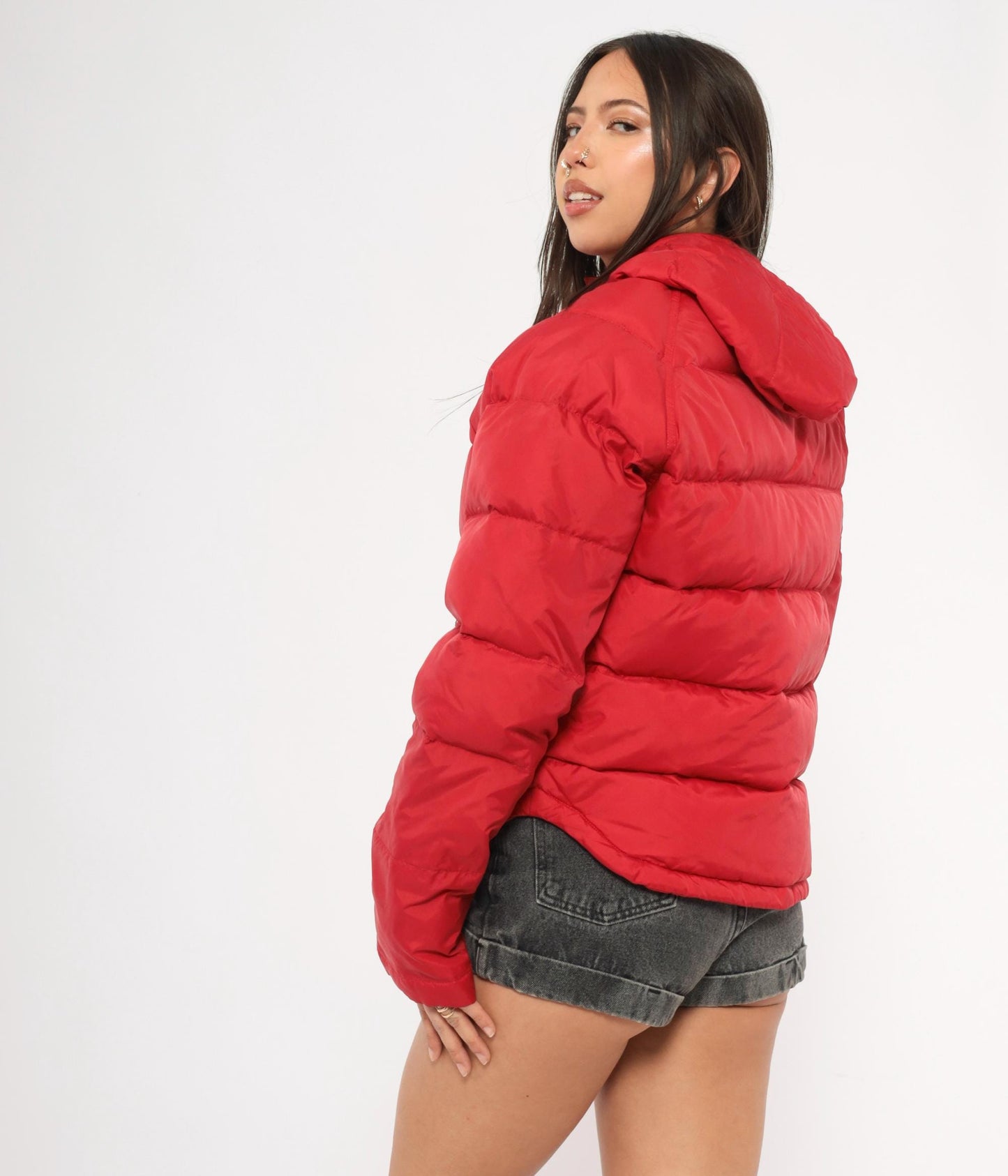 90s Tommy Jeans Red Down Puffer Jacket Hooded Cropped Quilted Medium M