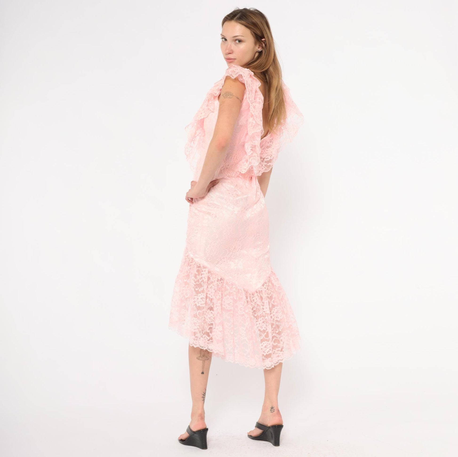 80s Pink Lace Midi Dress Floral Overlay Ruffled Cap Sleeves Small