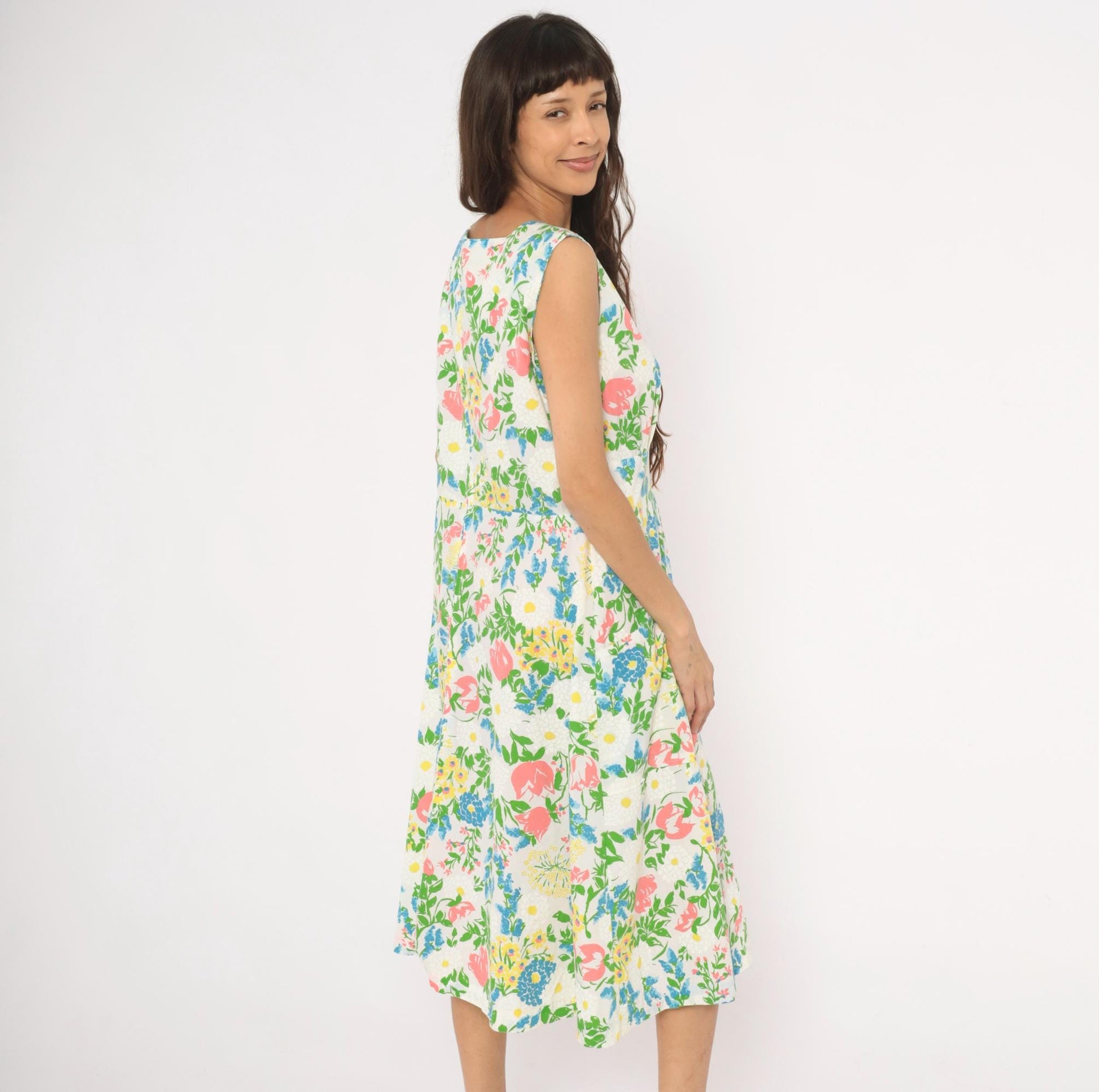 70s New Perspective Floral Midi Sundress Square Neck Pleated Cotton Pink Blue Large L