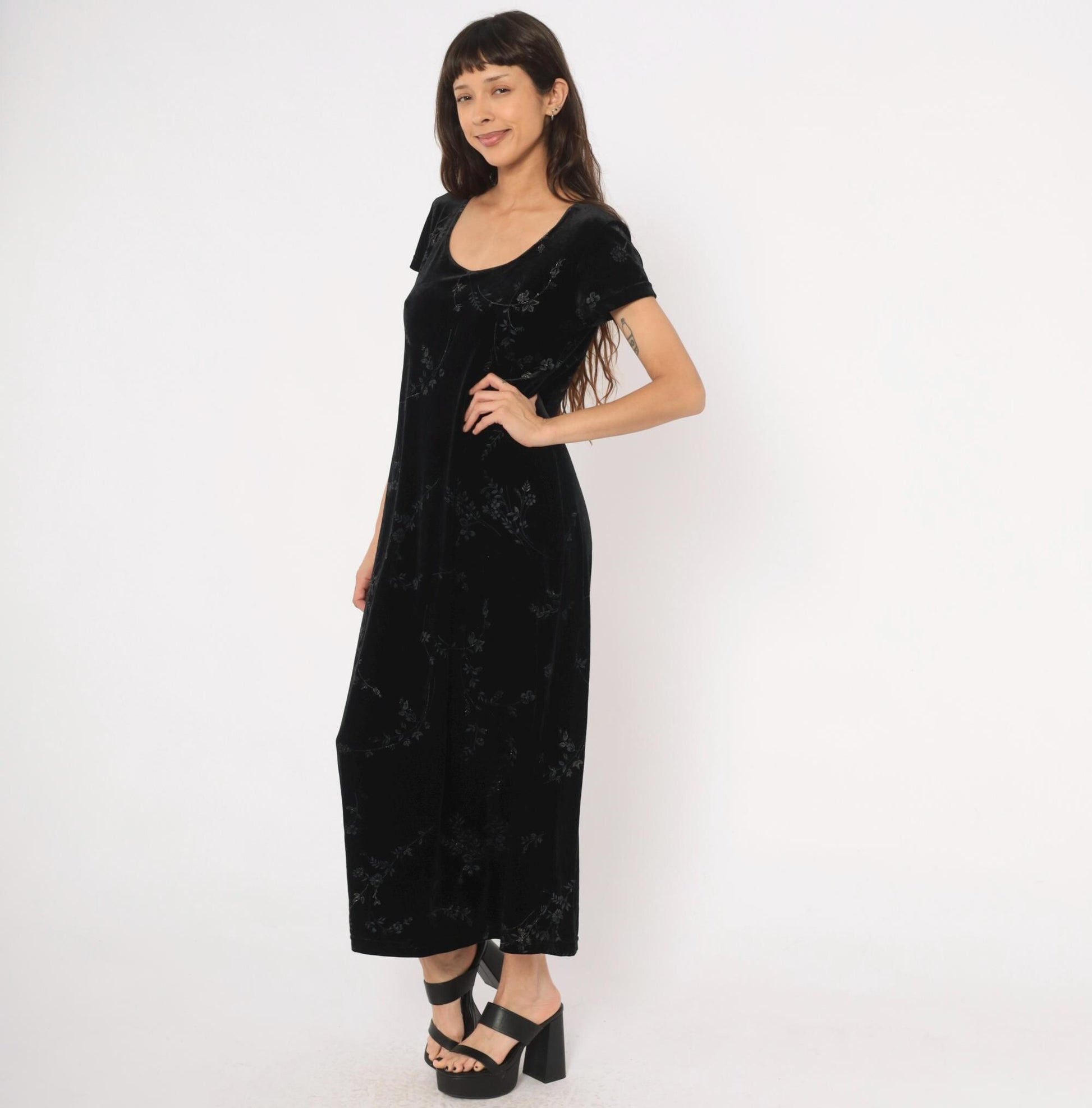 90s DJ & Co Black Velvet Maxi Dress Burnout Floral Short Sleeve Large L