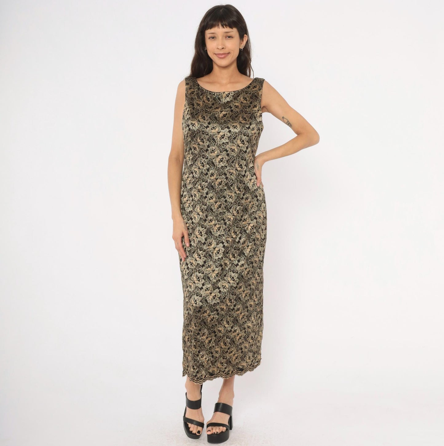 90s Jessica Howard Gold Floral Lace Maxi Dress Black Sleeveless Large L