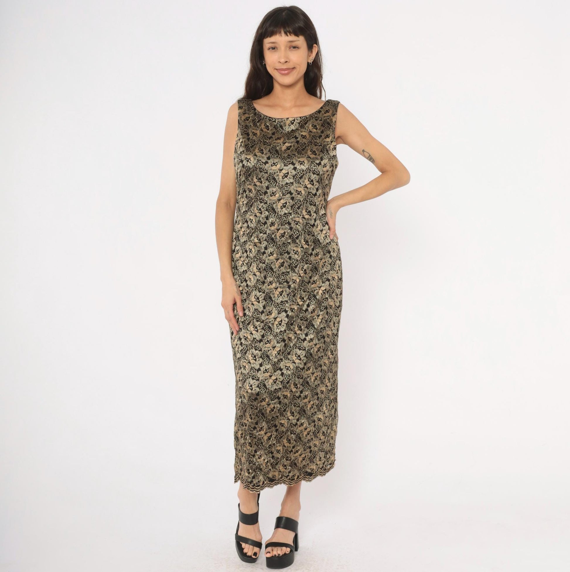90s Jessica Howard Gold Floral Lace Maxi Dress Black Sleeveless Large L