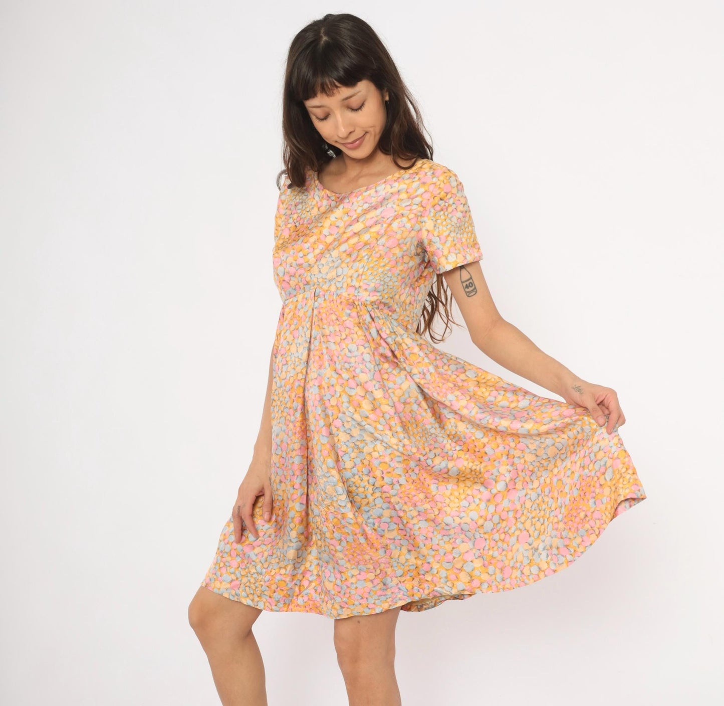 60s Silk Babydoll Dress Pebble Print Orange Pink Blue Mini Scoop Neck Medium M