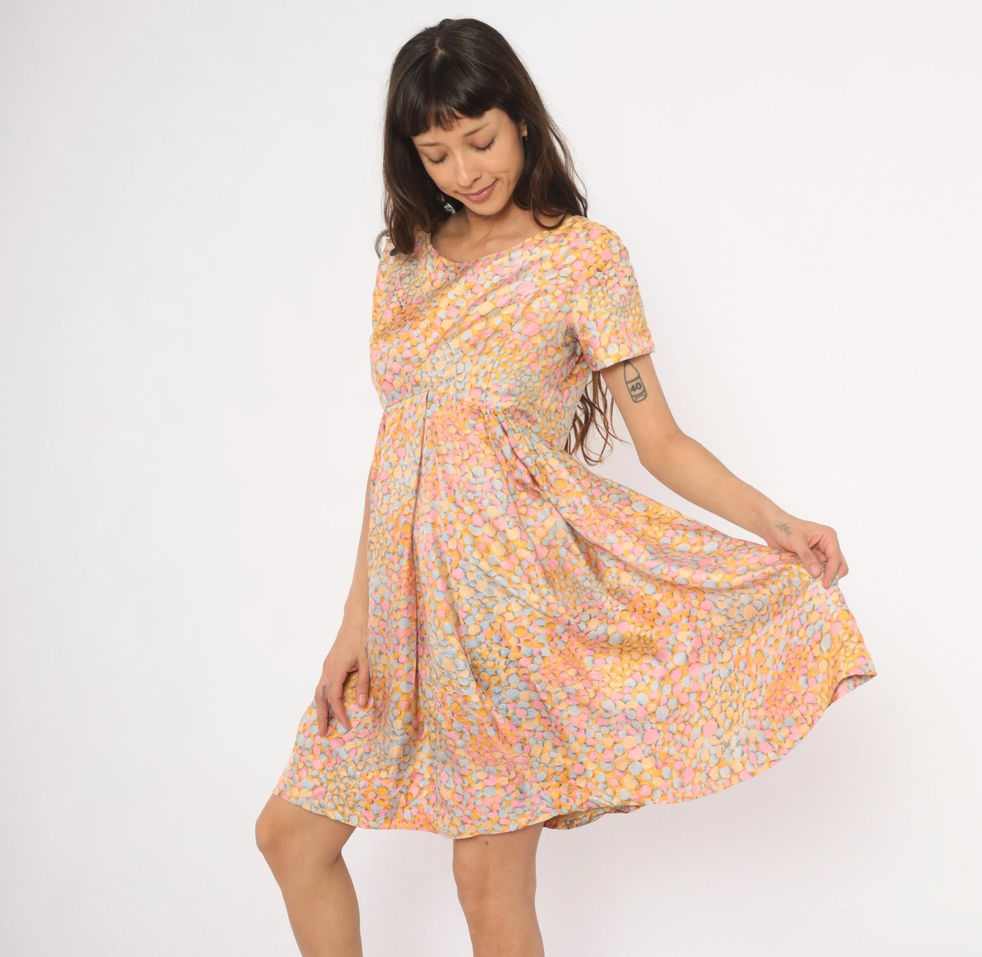60s Silk Babydoll Dress Pebble Print Orange Pink Blue Mini Scoop Neck Medium M