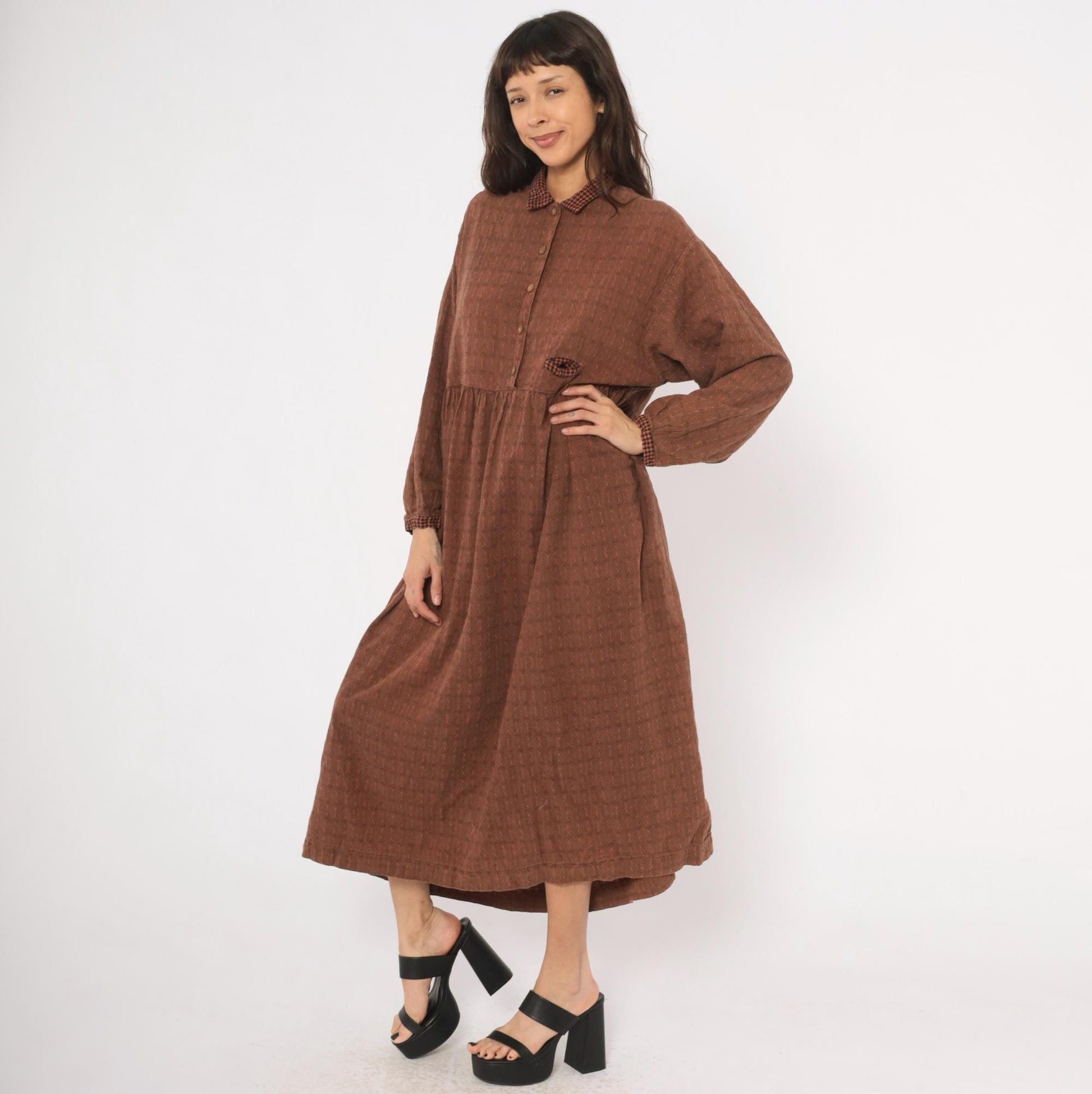 90s No Saint Brown Maxi Shirt Dress Houndstooth Collar Diamond Pattern Medium