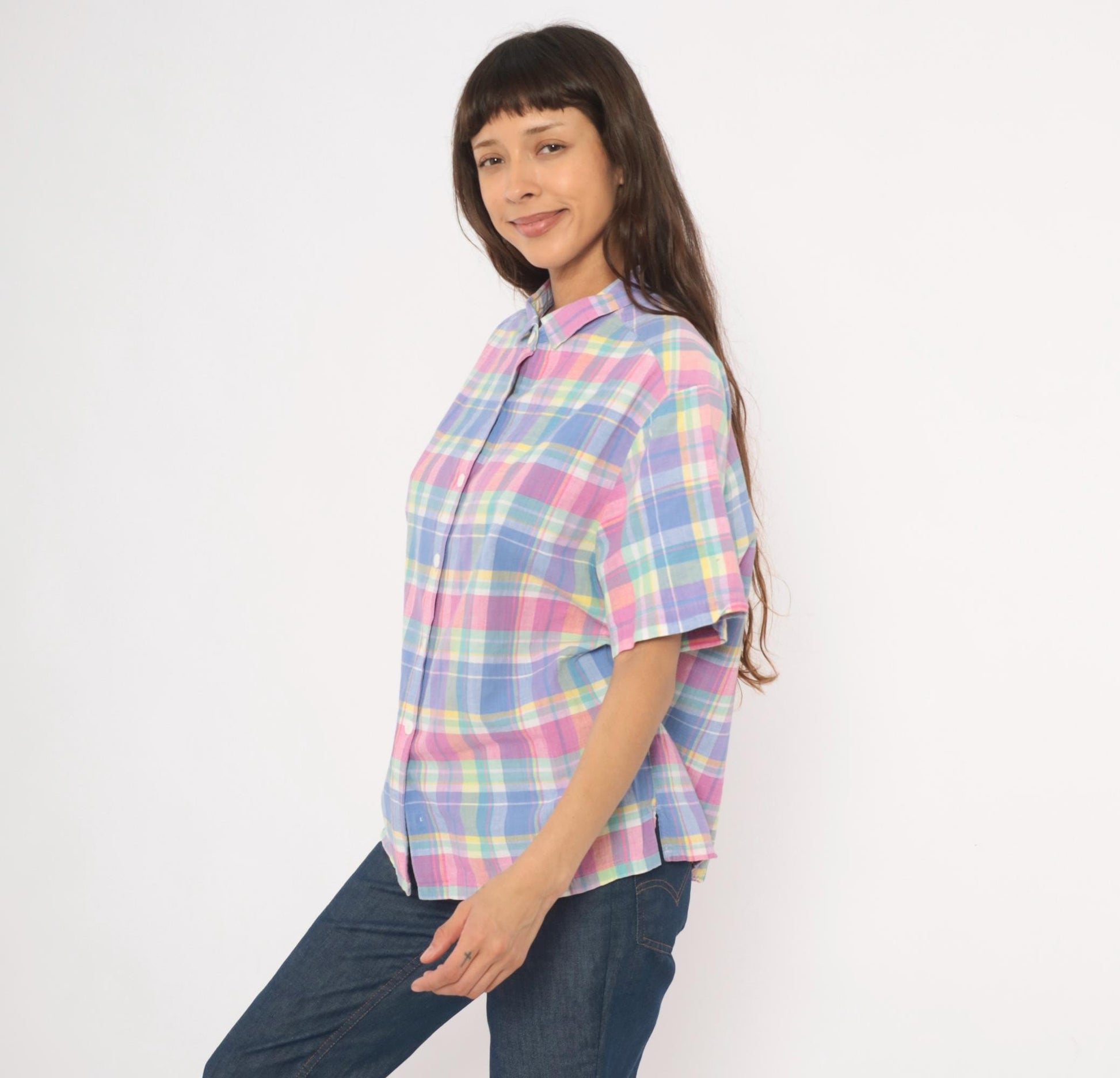 80s Jessica Tyler Madras Plaid Button-Up Blouse Pink Lavender Blue Cotton Large L