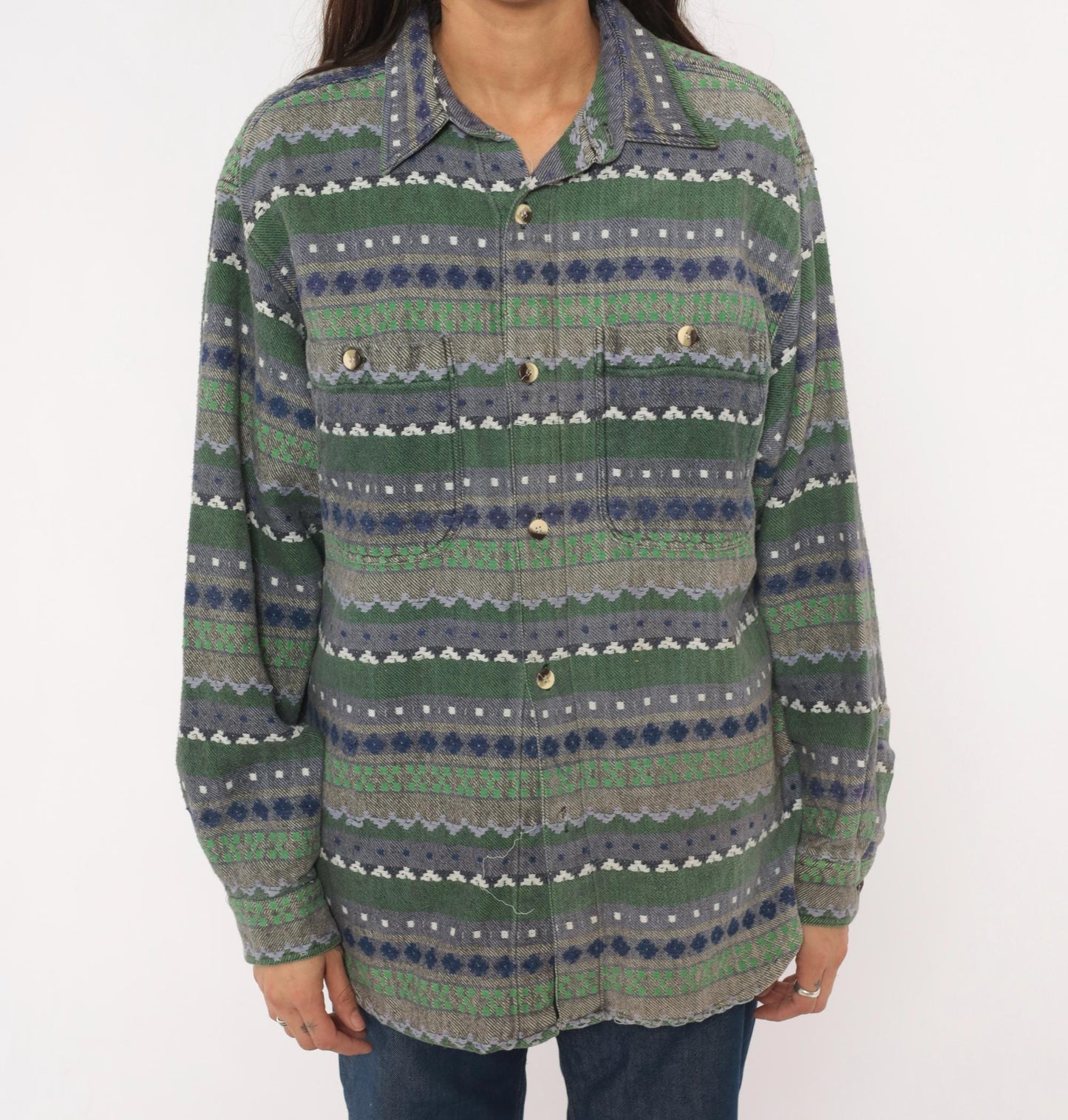 90s Point Zero Geometric Flannel Shirt Green Navy Jacquard Folk Pattern Medium