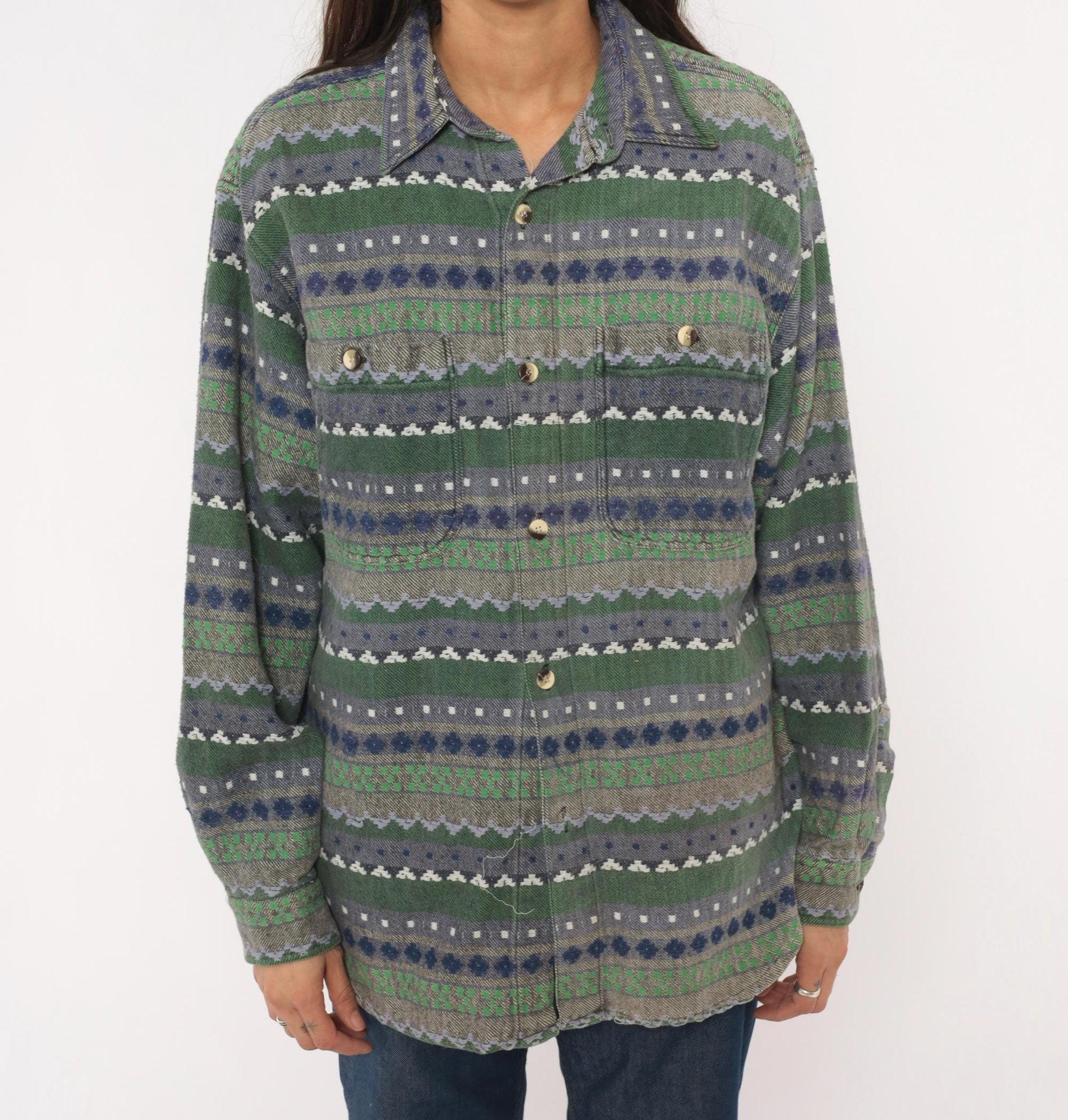 90s Point Zero Geometric Flannel Shirt Green Navy Jacquard Folk Pattern Medium