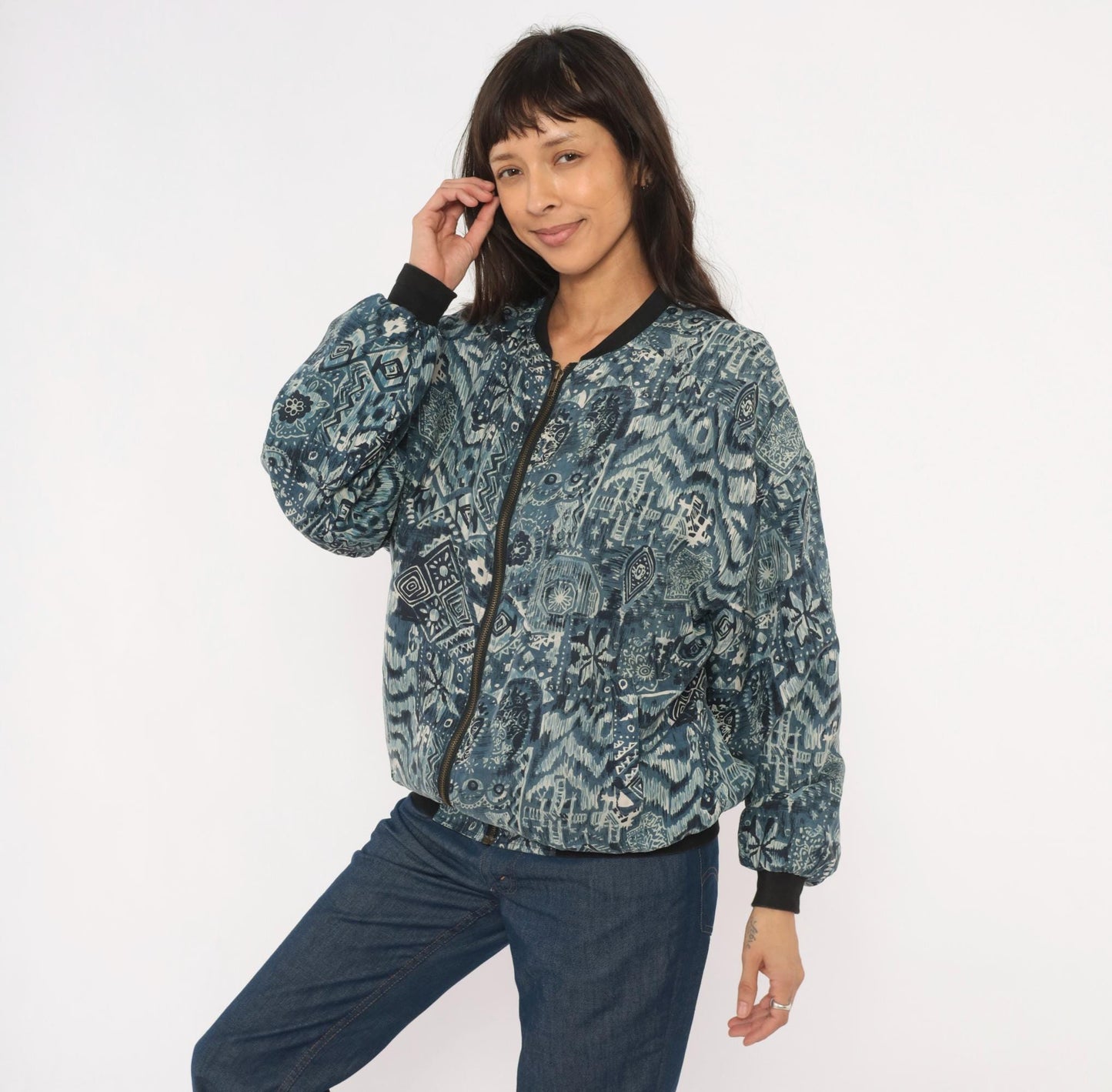 90s Silk Bomber Jacket Abstract Tribal Print Blue Grey Unisex Small