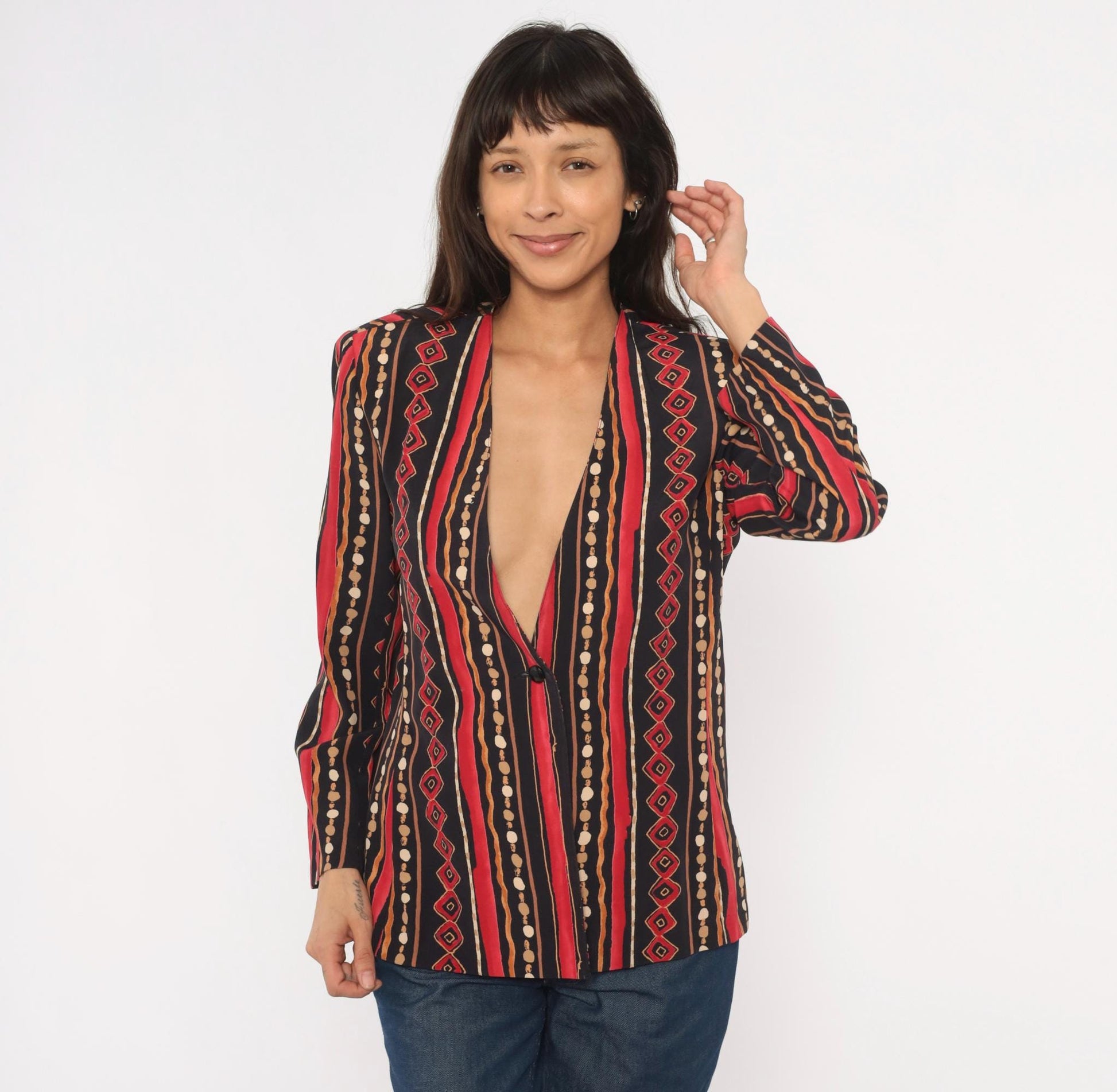 90s Southern Lady Tribal Stripe Blazer Collarless Geometric Black Small