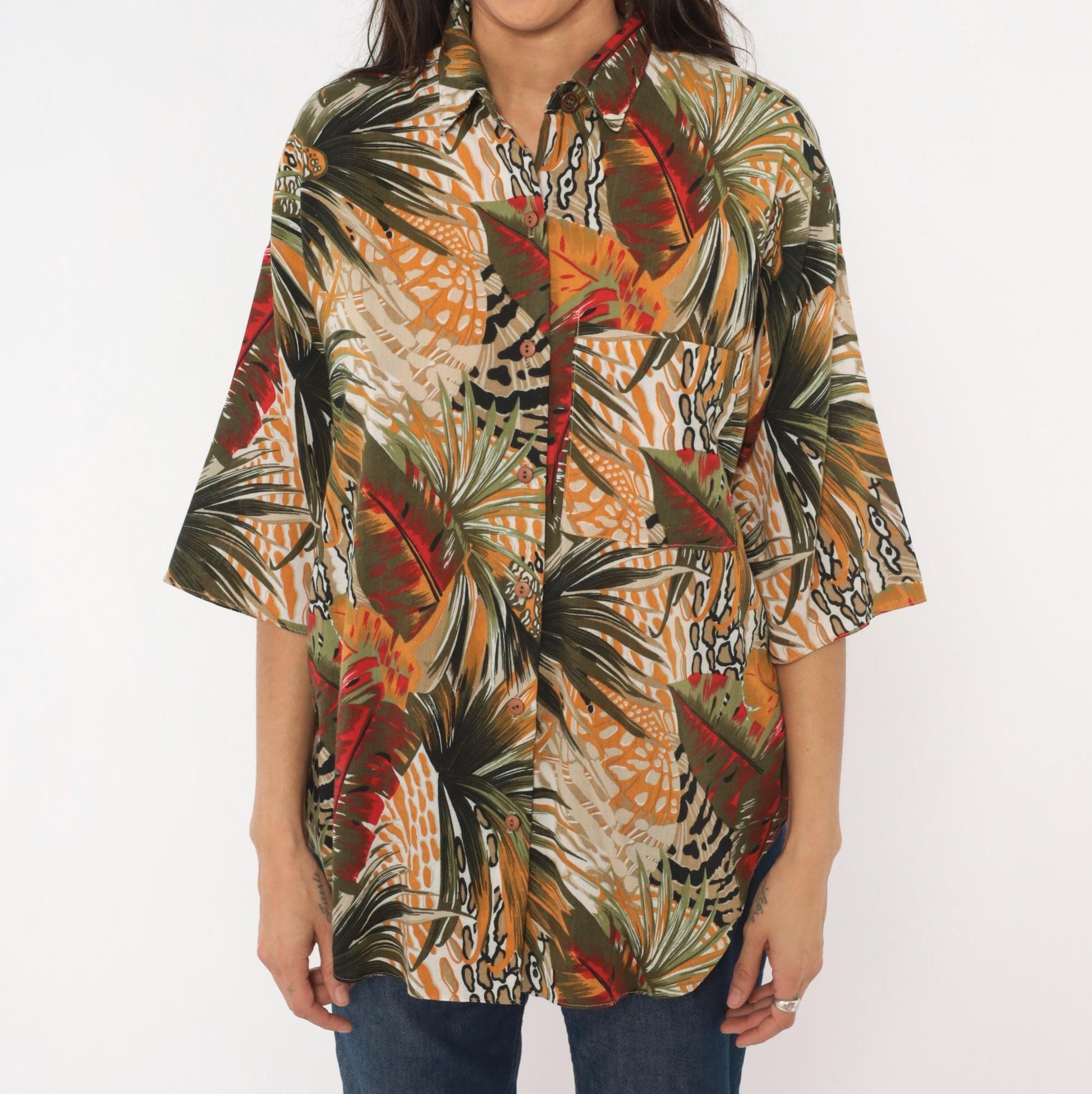 90s Touché LA Tropical Palm Leaf Print Shirt Mustard Olive Red Large L