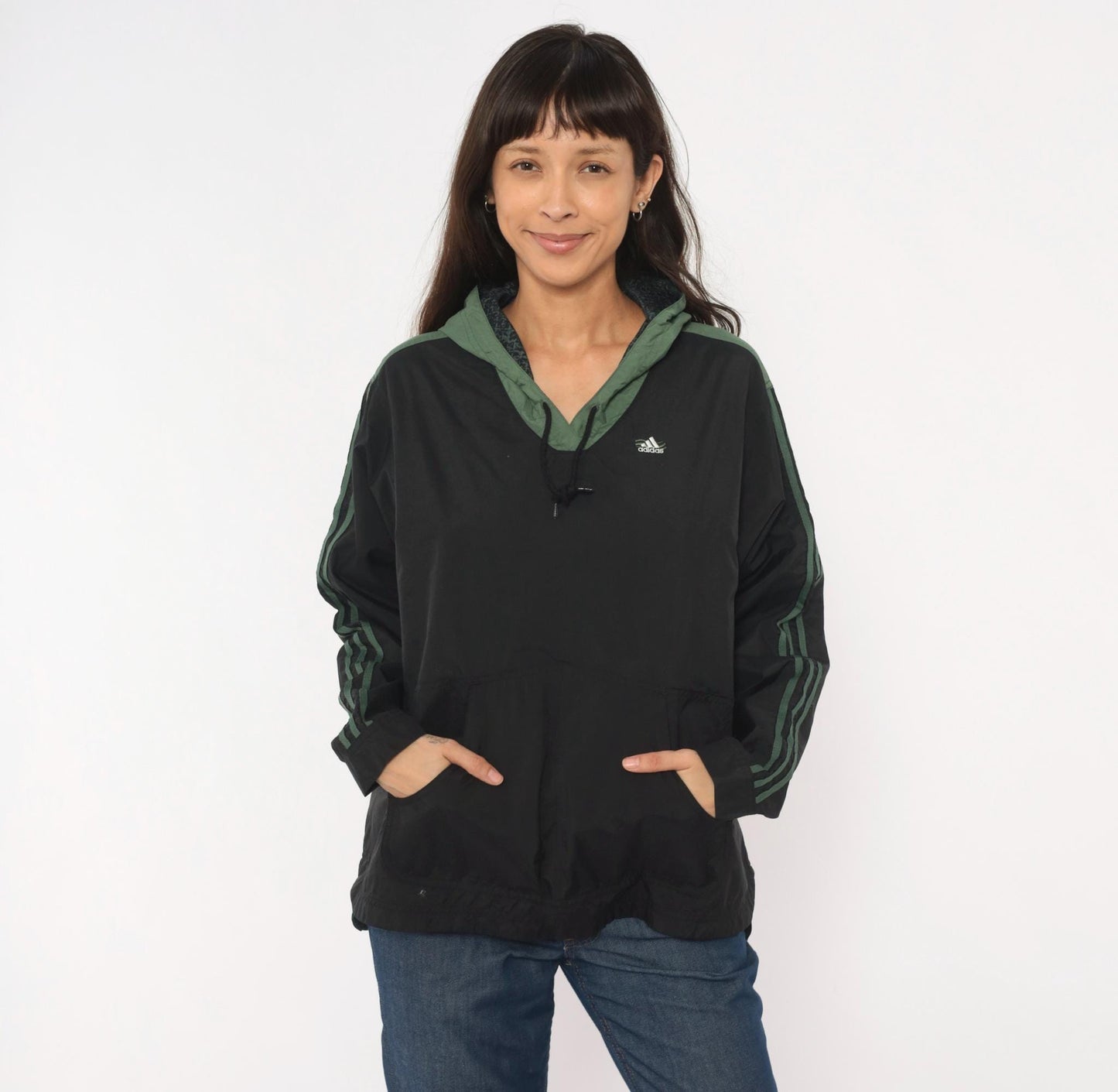 90s Adidas Pullover Windbreaker Black Olive Green Three Stripe Hooded Anorak Large L