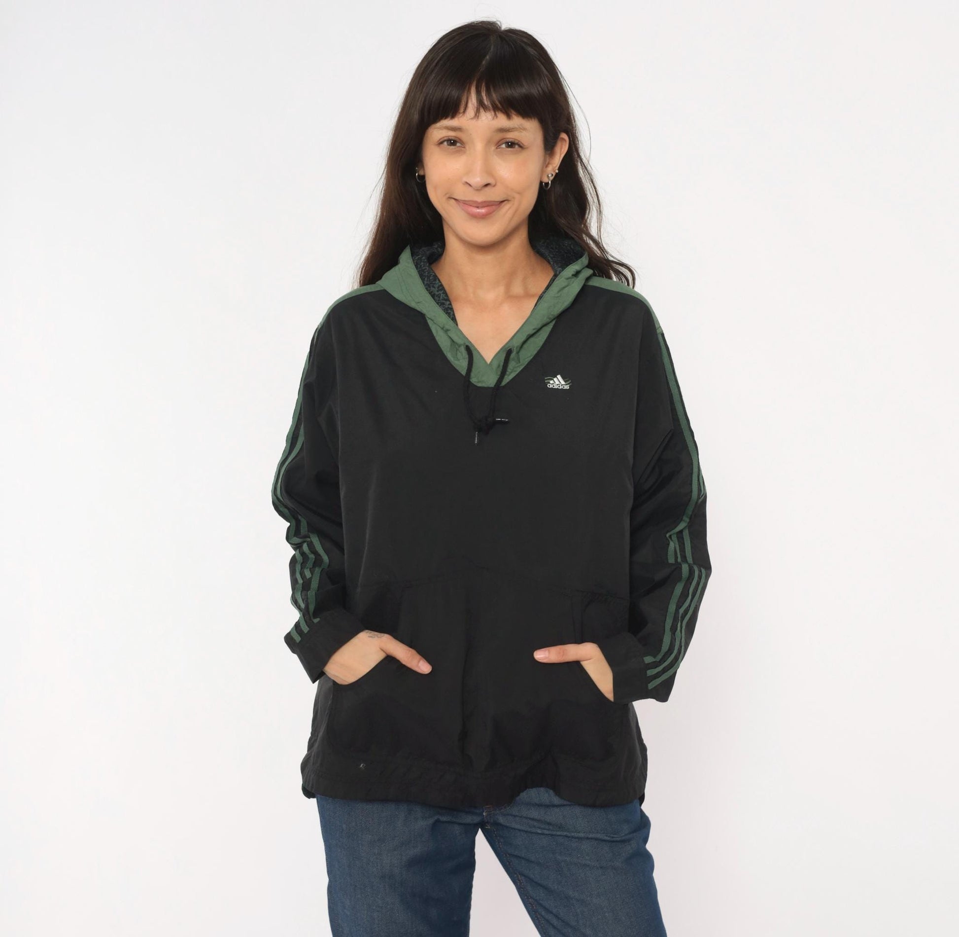 90s Adidas Pullover Windbreaker Black Olive Green Three Stripe Hooded Anorak Large L