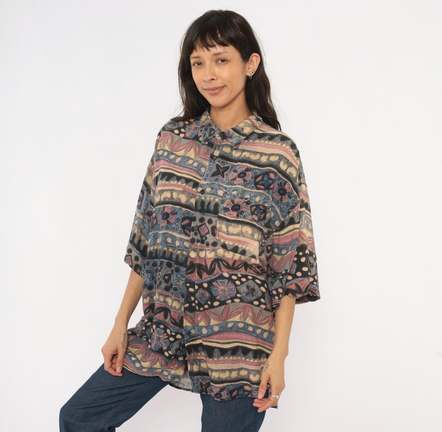 90s Hey Man Style Tribal Abstract Shirt Rayon Boxy Large L