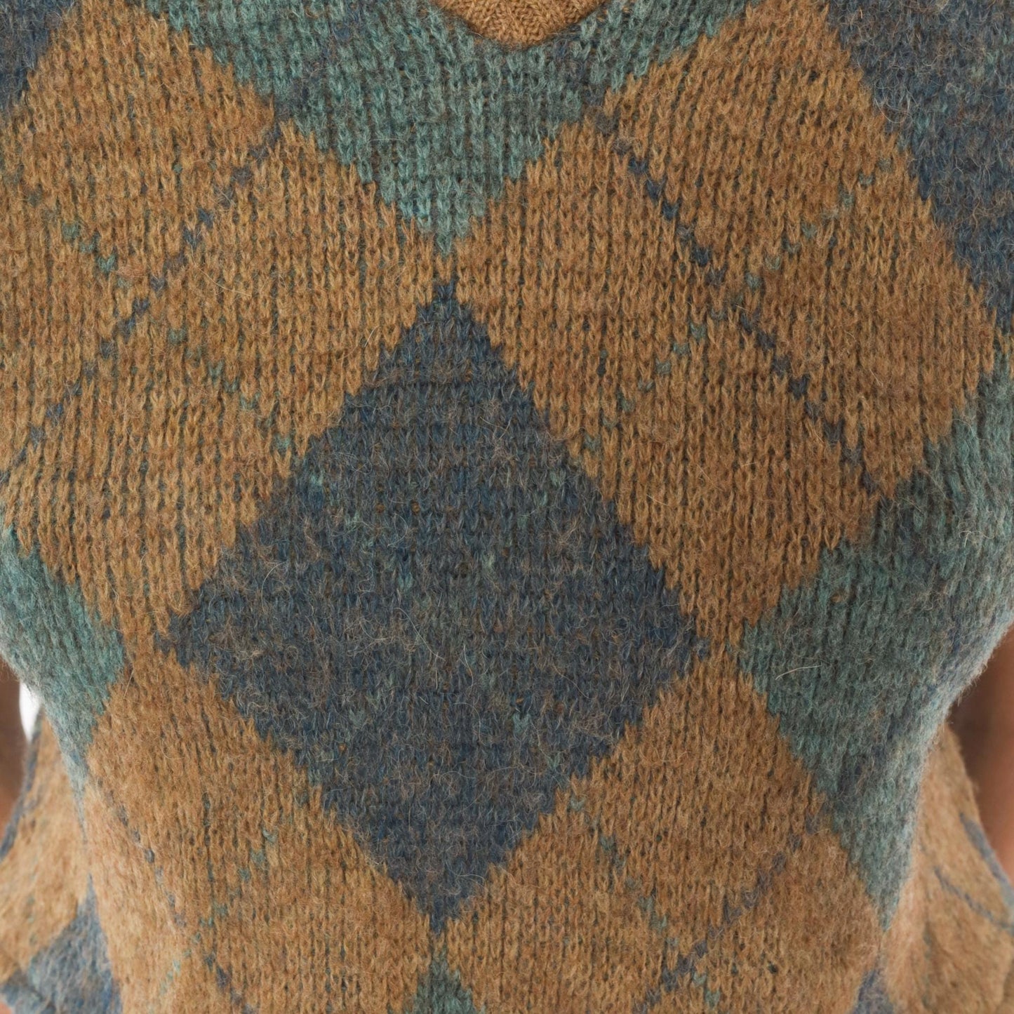 70s Brentwood Argyle Crop Sweater Wool V-Neck Tan Blue Small S