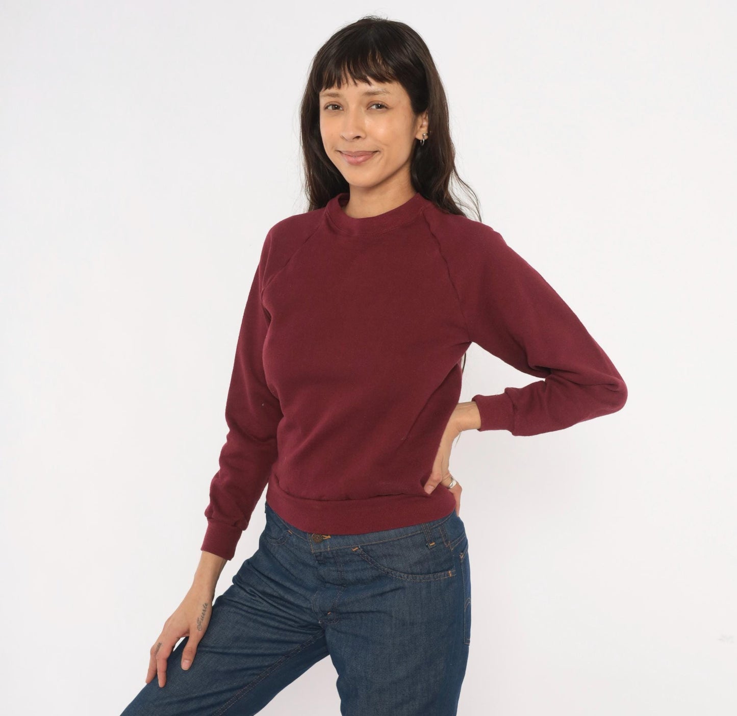 90s Jerzees Burgundy Raglan Sweatshirt Crewneck Solid Wine Pullover Extra Small XS