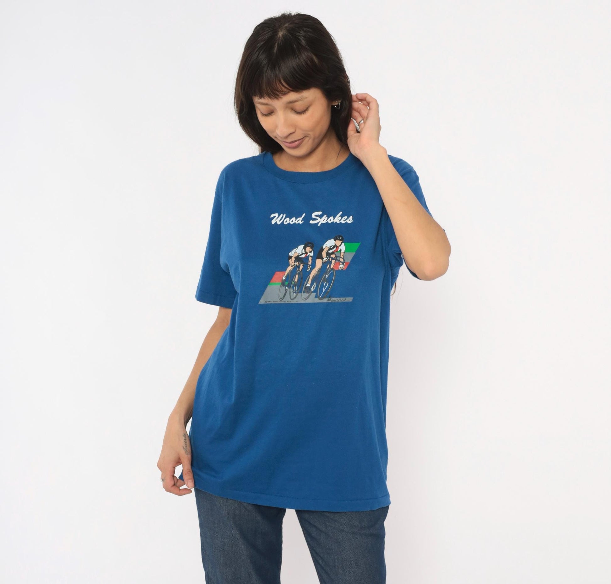 80s Jerzees Wood Spokes Cycling Graphic Tee Blue Crew Neck Large L