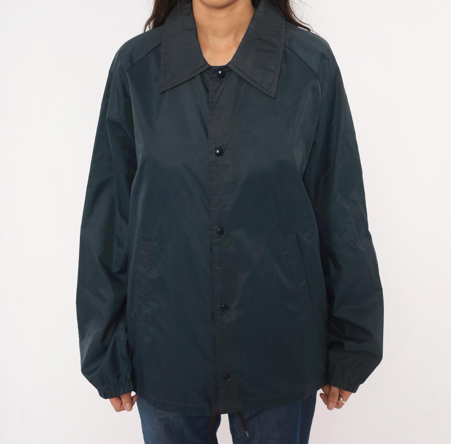 80s David Peyser Navy Coach Jacket Snap Front Windbreaker Nylon Large
