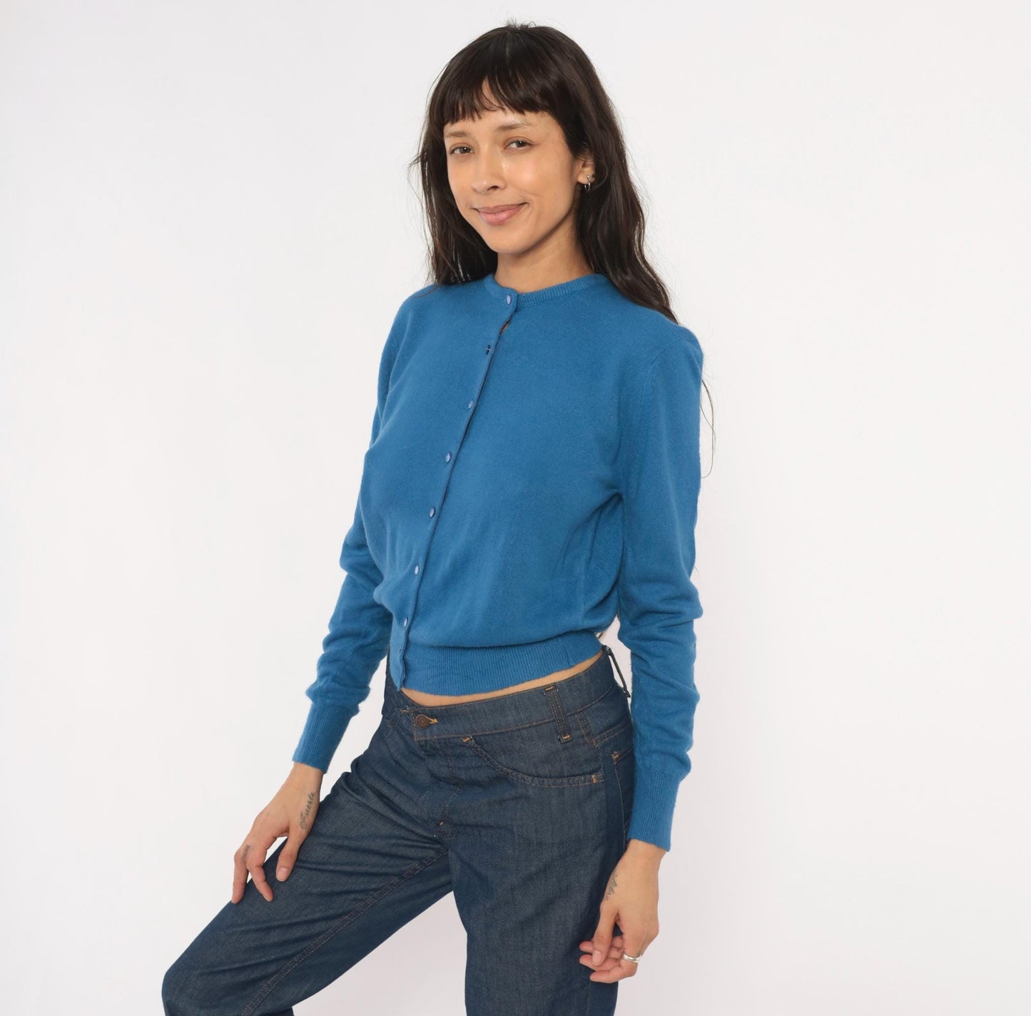 60s Joyce Lane Blue Cardigan Knit Sweater Cropped Ribbed Small S