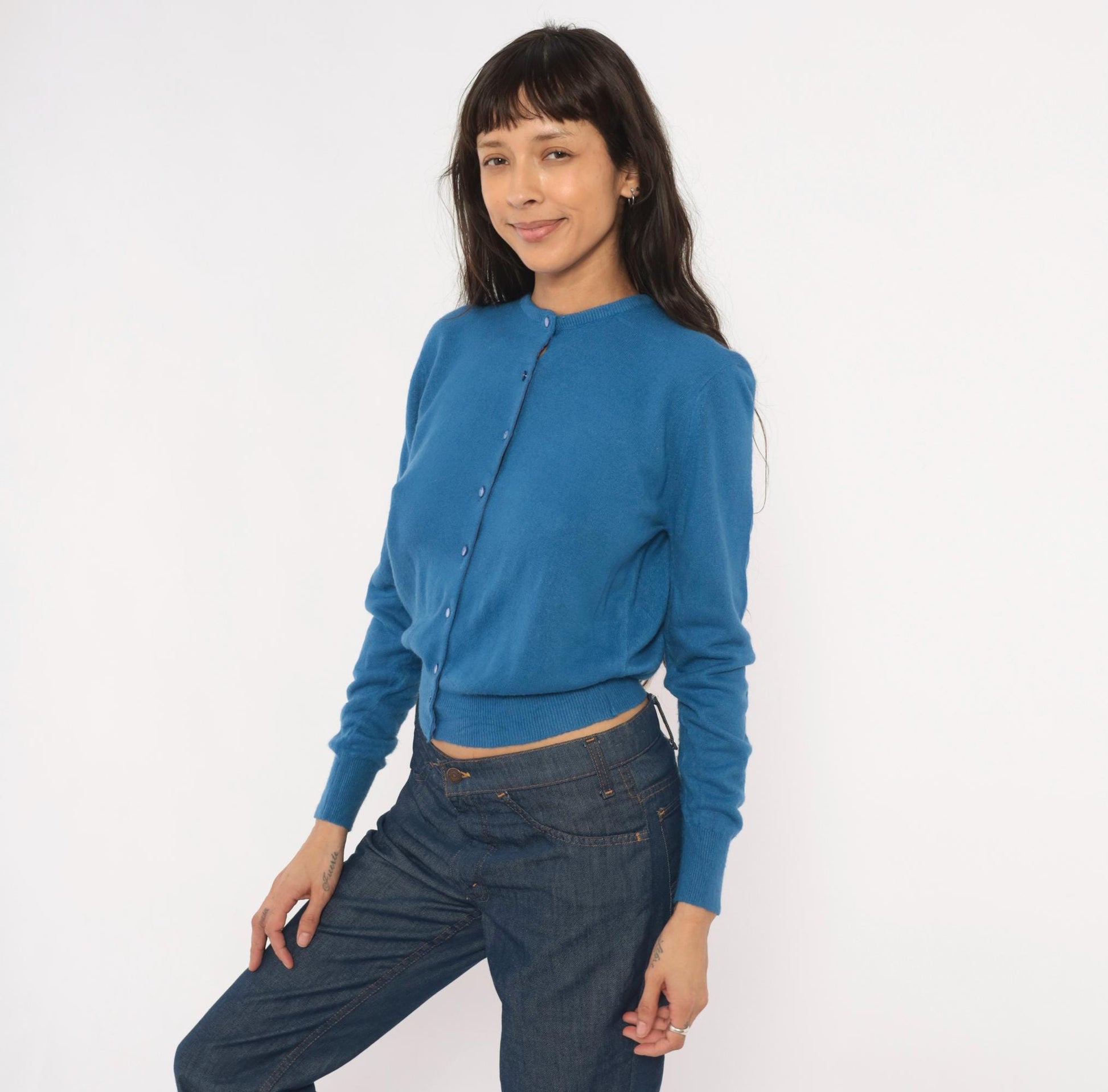60s Joyce Lane Blue Cardigan Knit Sweater Cropped Ribbed Small S
