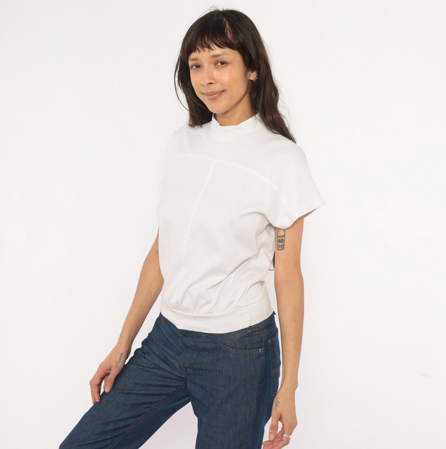 90s White Stag Mock Neck Short Sleeve Top Cream Cotton Pullover Small S