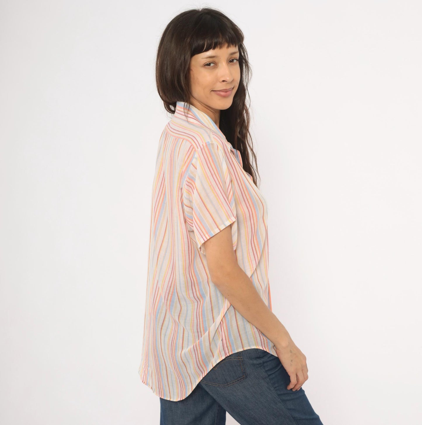 70s Brookdale Striped Camp Shirt Pastel Rainbow Cotton Notched Collar Medium