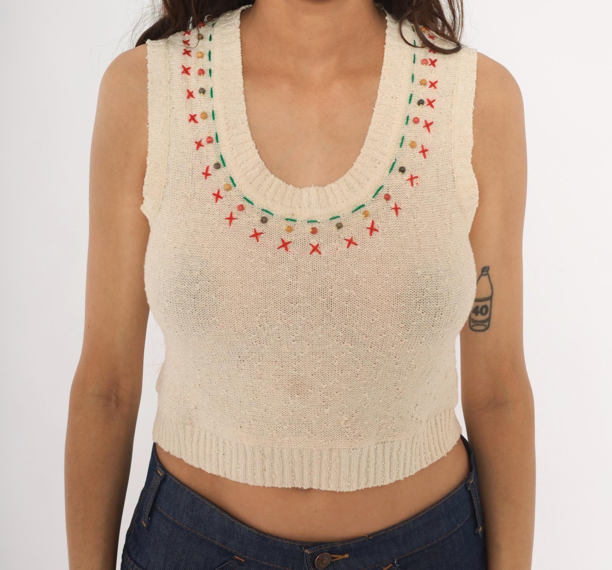 70s Cream Knit Vest Embroidered Cross-Stitch Beaded Neckline Sleeveless Small S