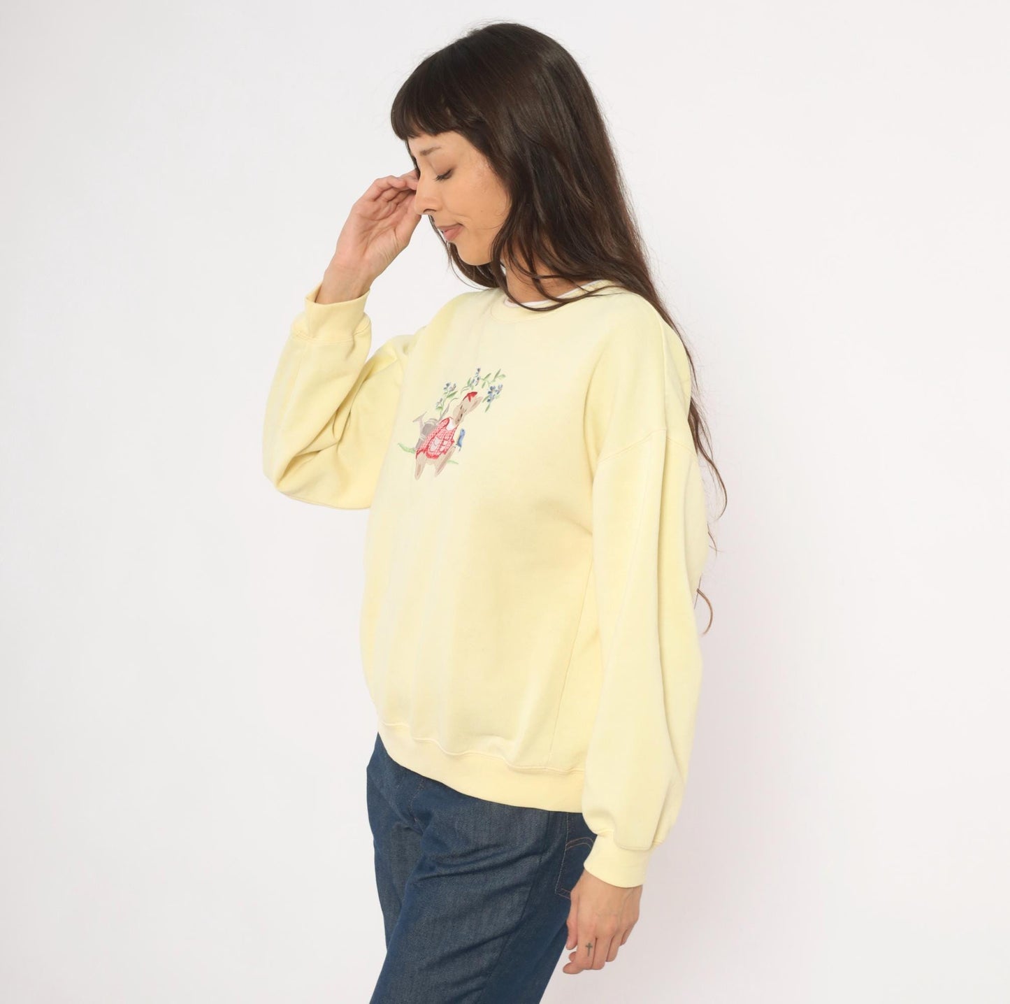 90s Classic Elements Teddy Bear Embroidered Sweatshirt Butter Yellow Crewneck Large L