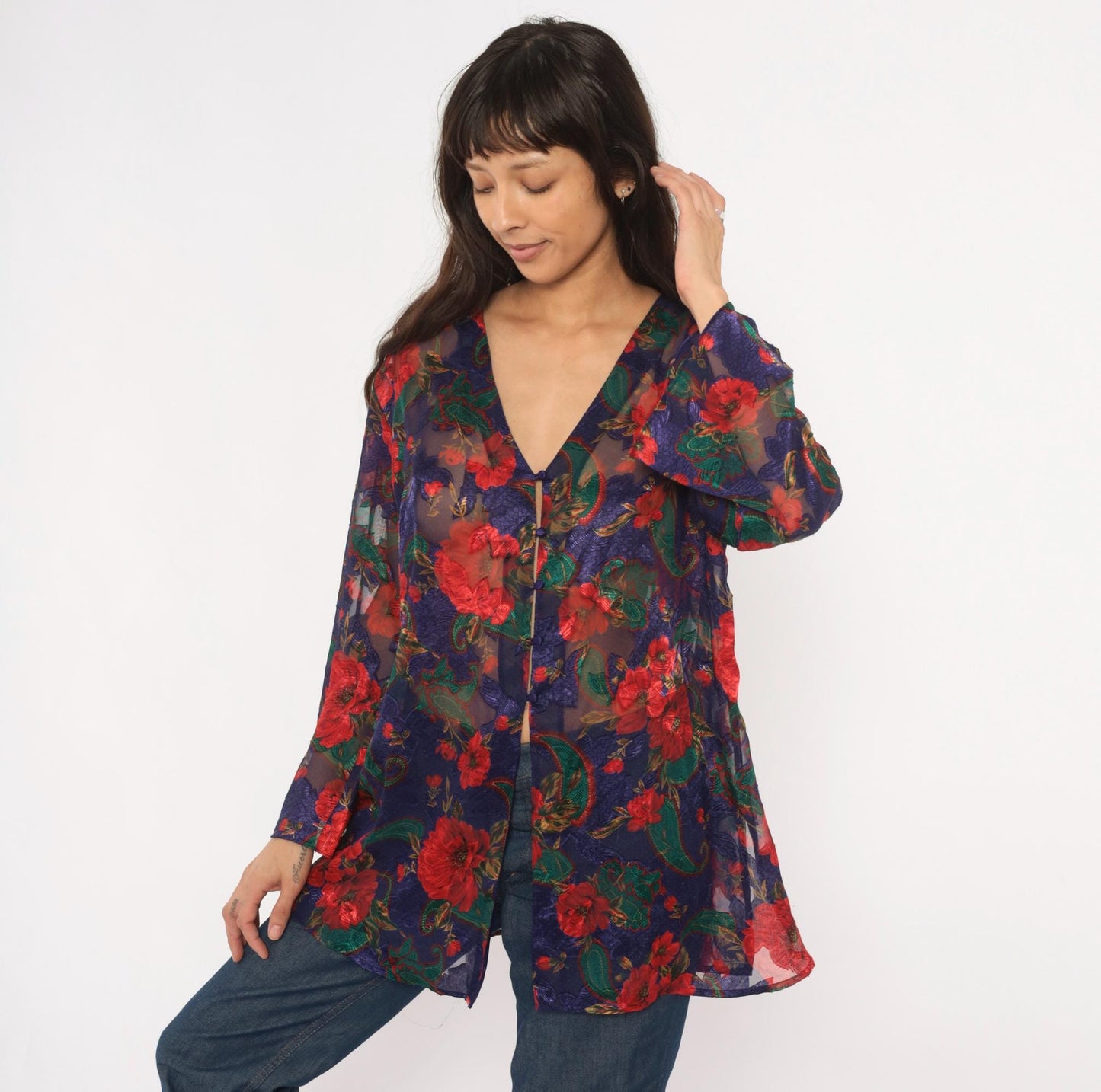 90s Victoria's Secret Sheer Kimono Robe Navy Floral Rose Print Small