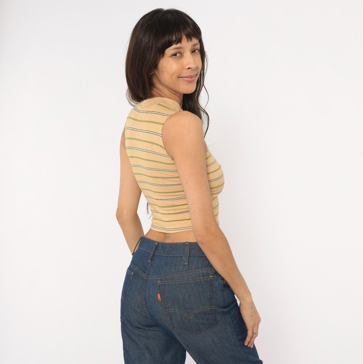 80s Towncraft Striped Mock Neck Crop Tank Tan Olive Extra Extra Small XXS