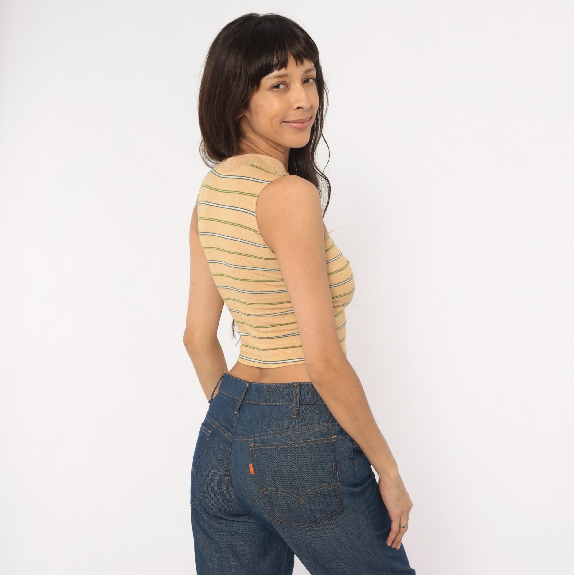 80s Towncraft Striped Mock Neck Crop Tank Tan Olive Extra Extra Small XXS