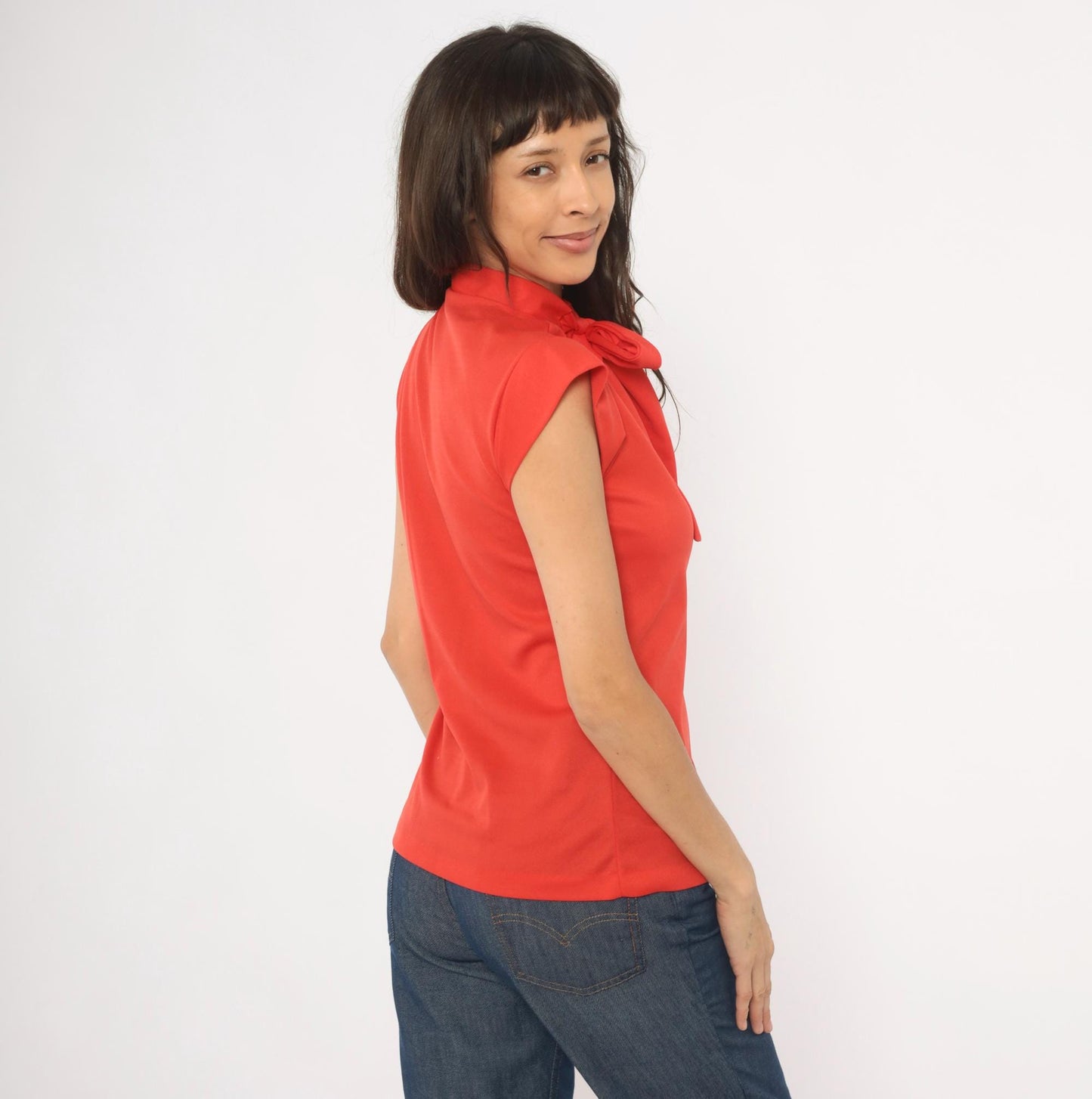 70s Red Bow Neck Blouse Cap Sleeve Button Front Polyester Small S