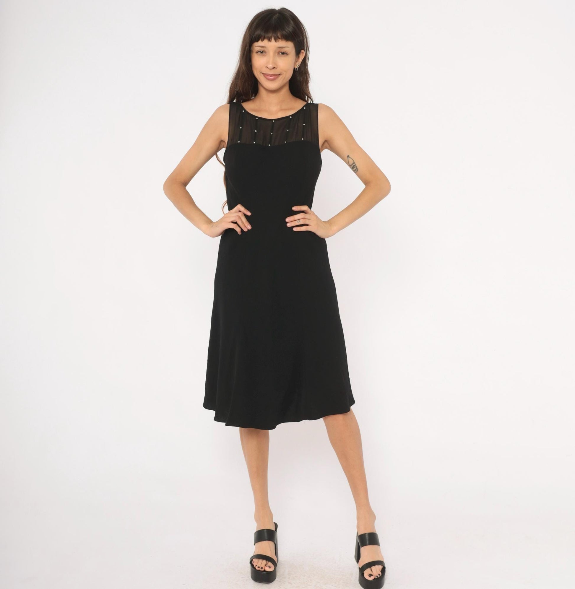 90s Evan-Picone Black Rhinestone Mesh Yoke Knee-Length Dress Medium M