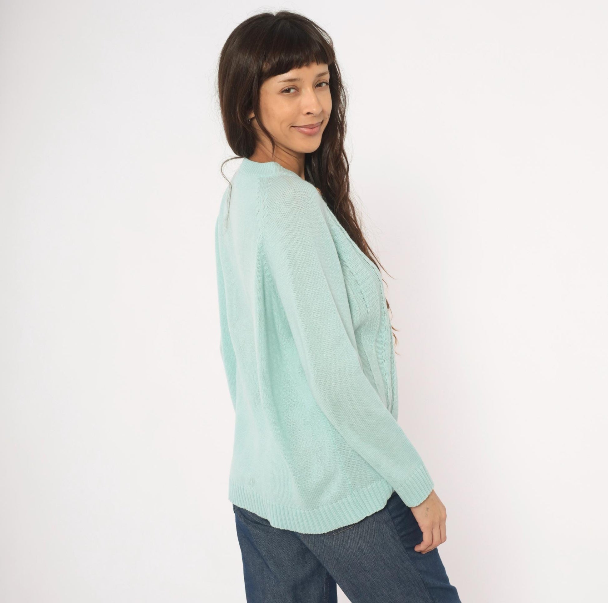 80s Seafoam Cable Knit Cardigan Mint Green Crewneck Medium M