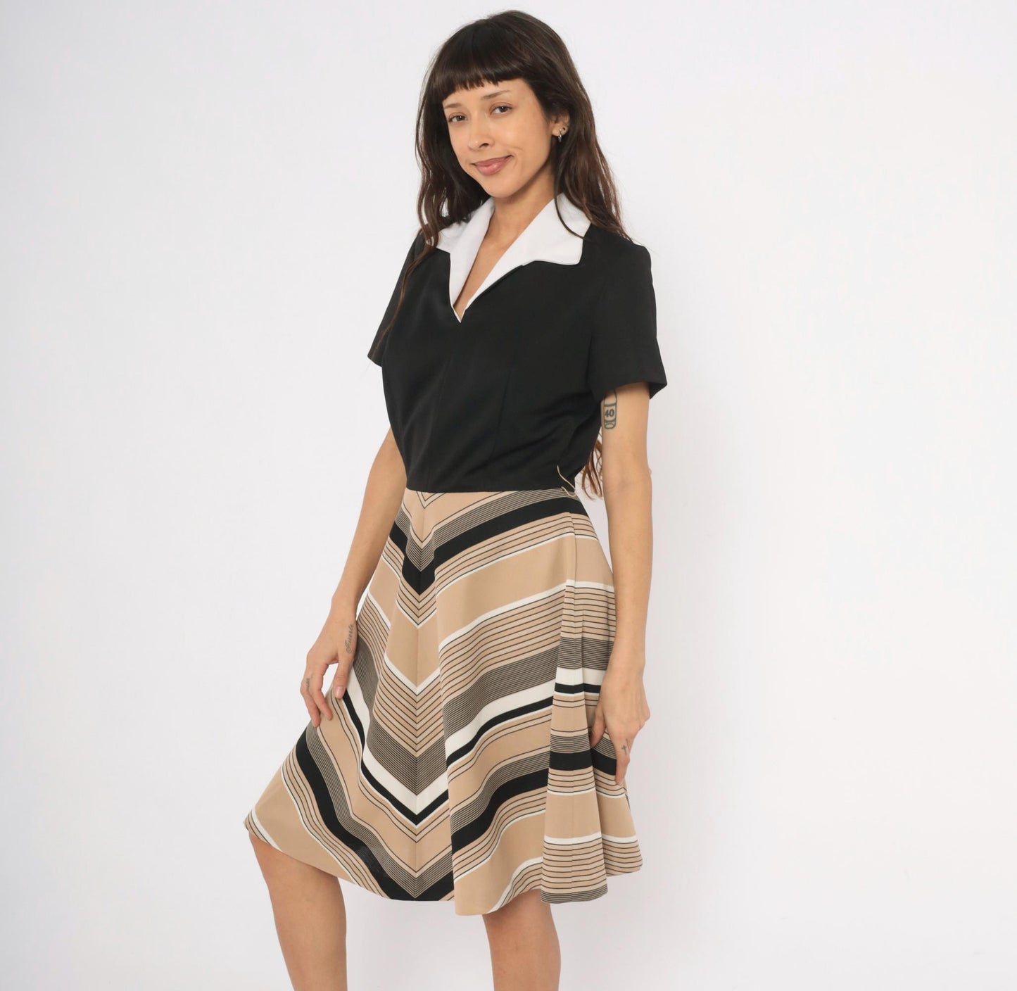 70s Lampl Chevron Stripe Polo Dress Black Tan Knee-Length Flared Large L