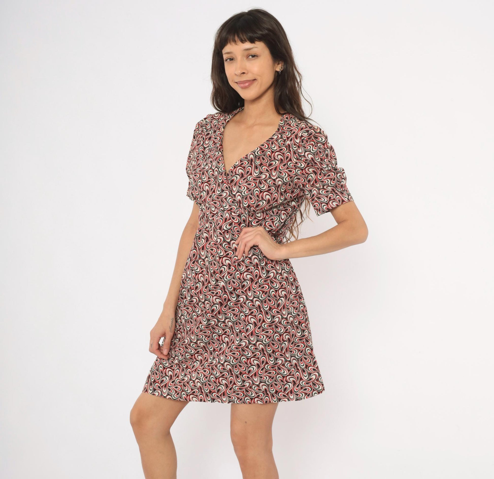 90s Psychedelic Swirl V-Neck Puff Sleeve Dress Red Black White Cotton Large L