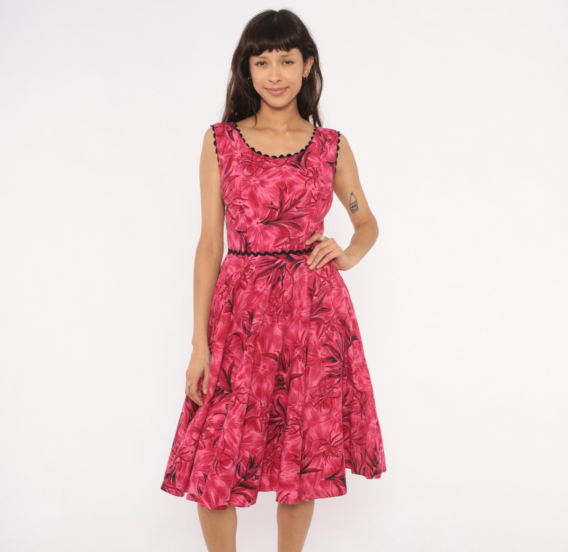 60s Tropical Floral A-Line Dress Pink Black Ric Rac Cotton Small
