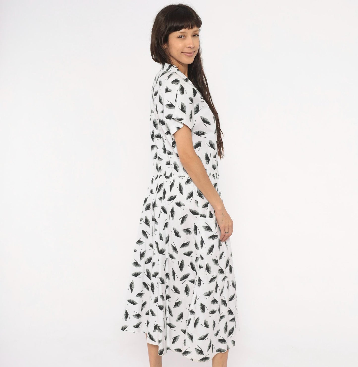 80s Lady Carol Feather Print Shirtdress White Black Cotton Midi Large L